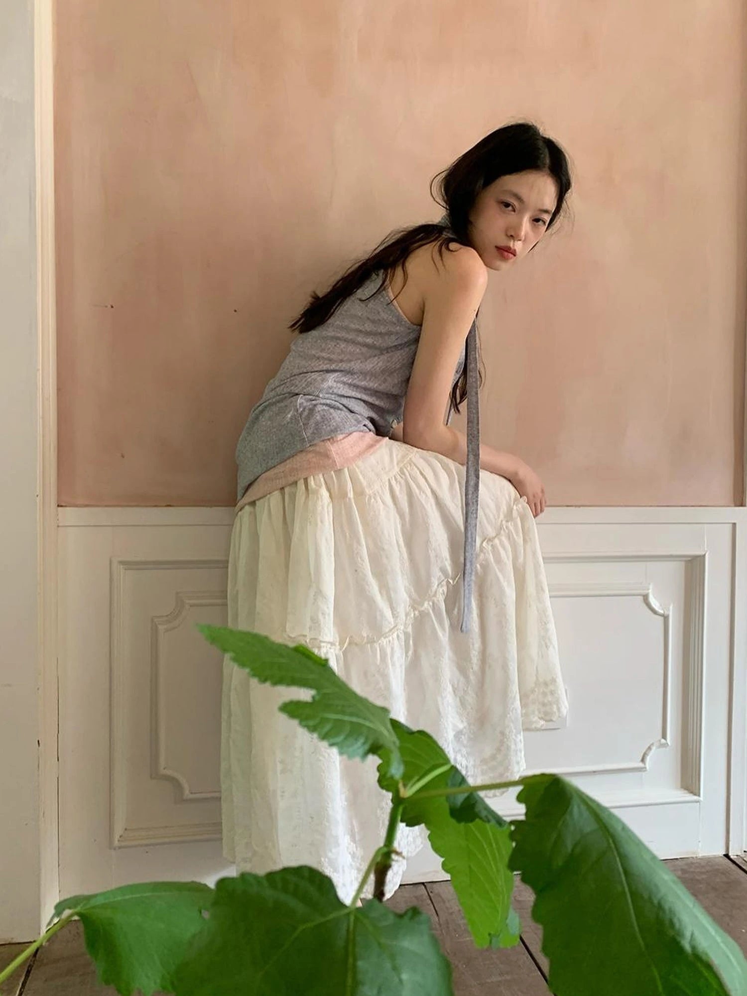 Embroidered Wave Hem White Skirt Elegant Floral Lace A Line Midi