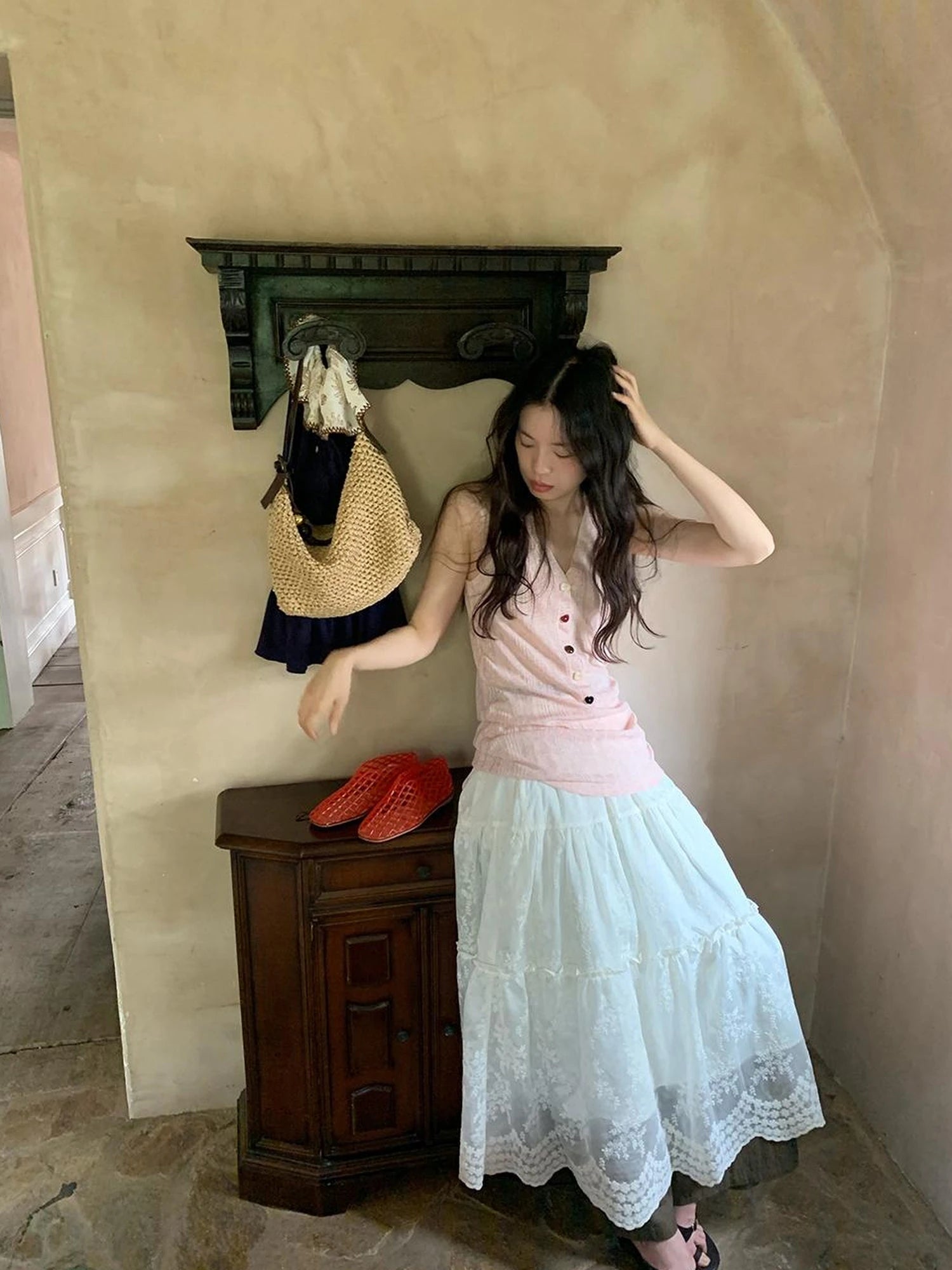 Embroidered Wave Hem White Skirt Elegant Floral Lace A Line Midi