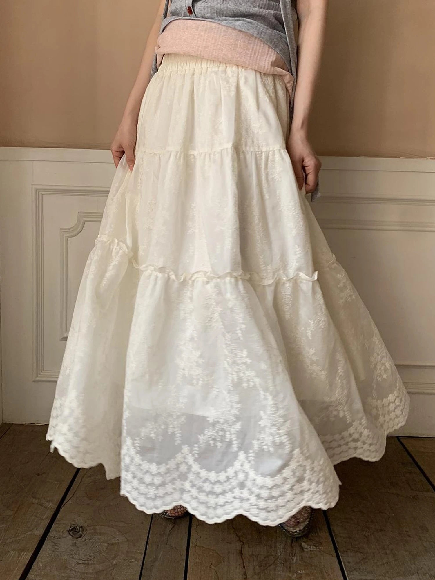 Embroidered Wave Hem White Skirt Elegant Floral Lace A Line Midi