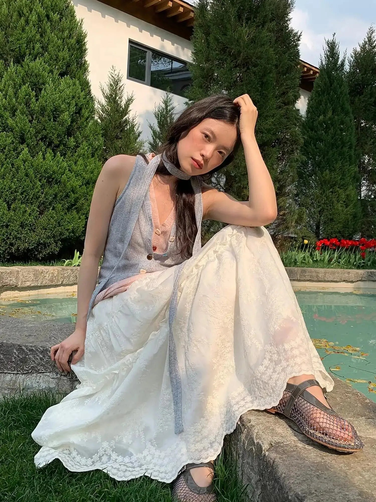 Embroidered Wave Hem White Skirt Elegant Floral Lace A Line Midi