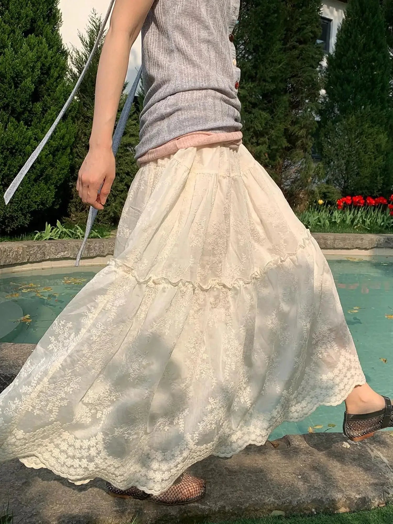 Embroidered Wave Hem White Skirt Elegant Floral Lace A Line Midi