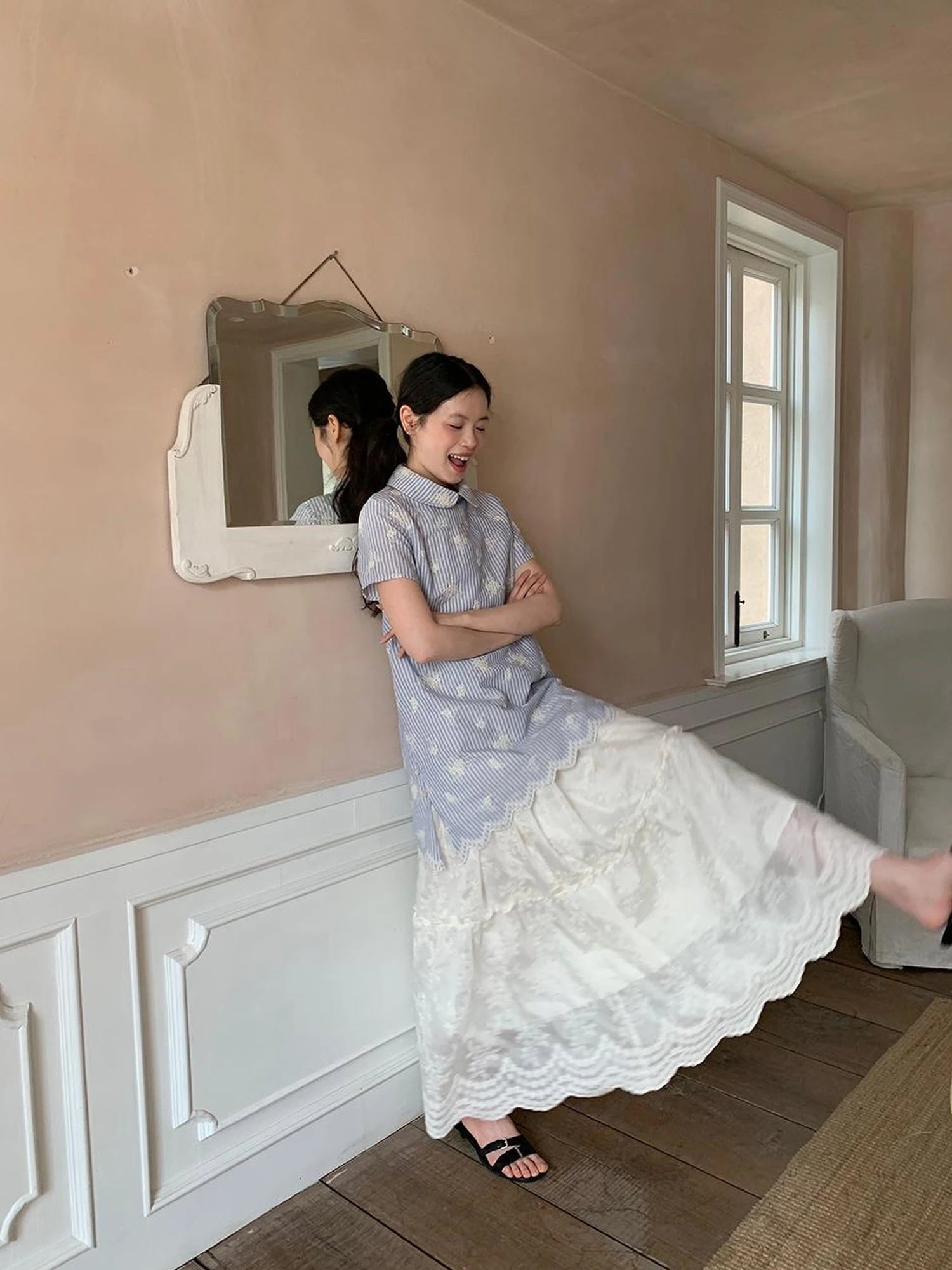 Embroidered Wave Hem White Skirt Elegant Floral Lace A Line Midi