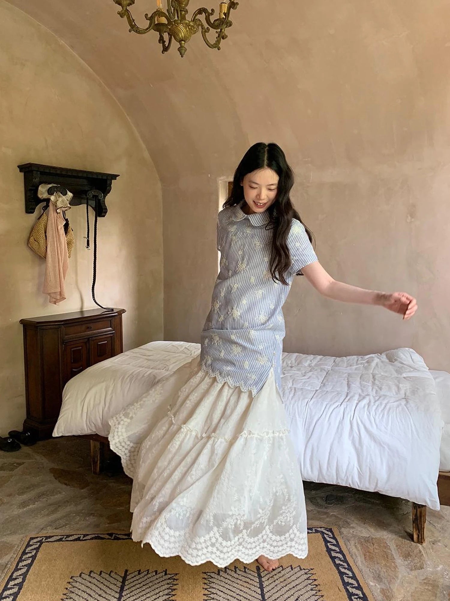 Embroidered Wave Hem White Skirt Elegant Floral Lace A Line Midi