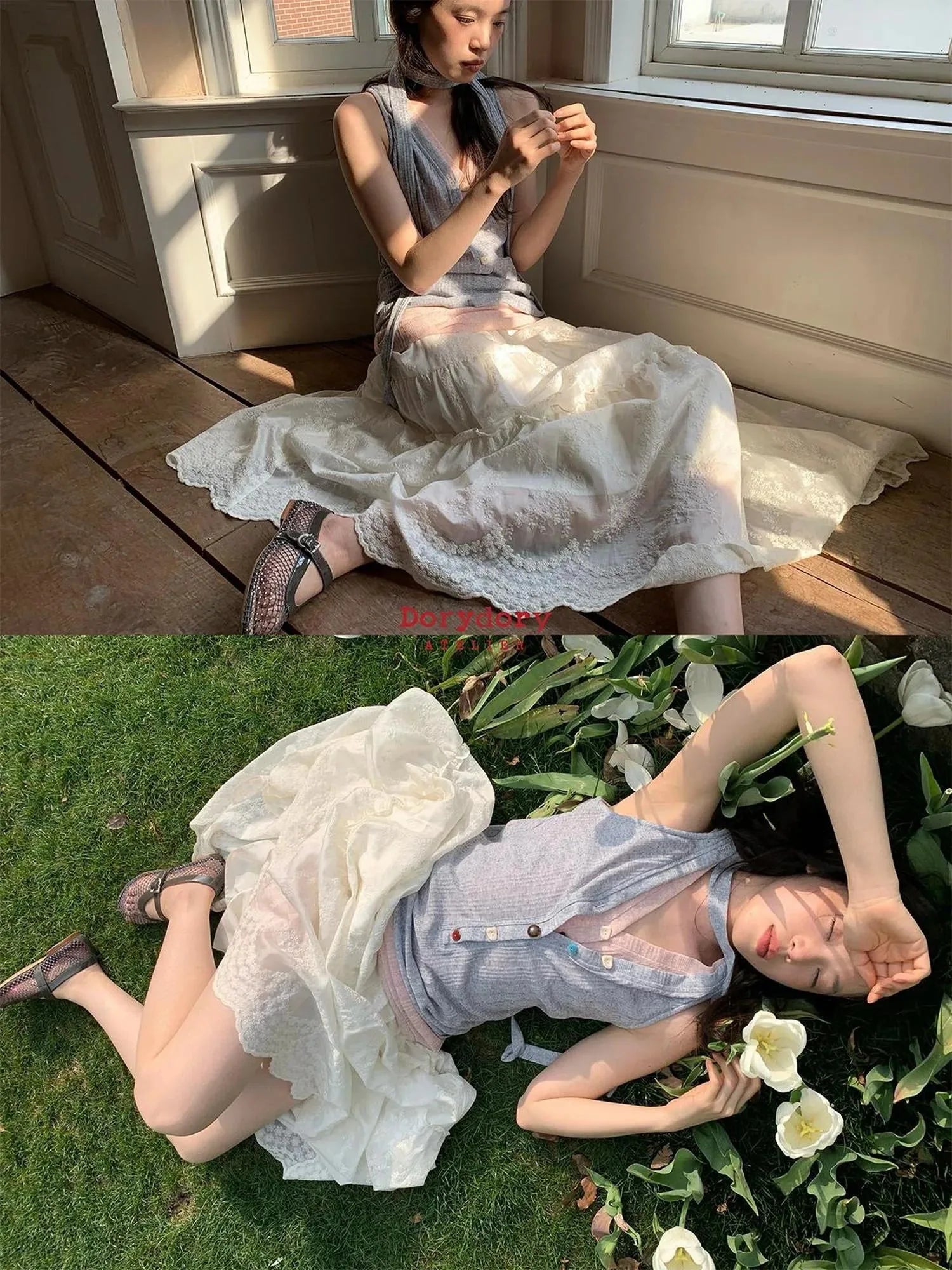 Embroidered Wave Hem White Skirt Elegant Floral Lace A Line Midi