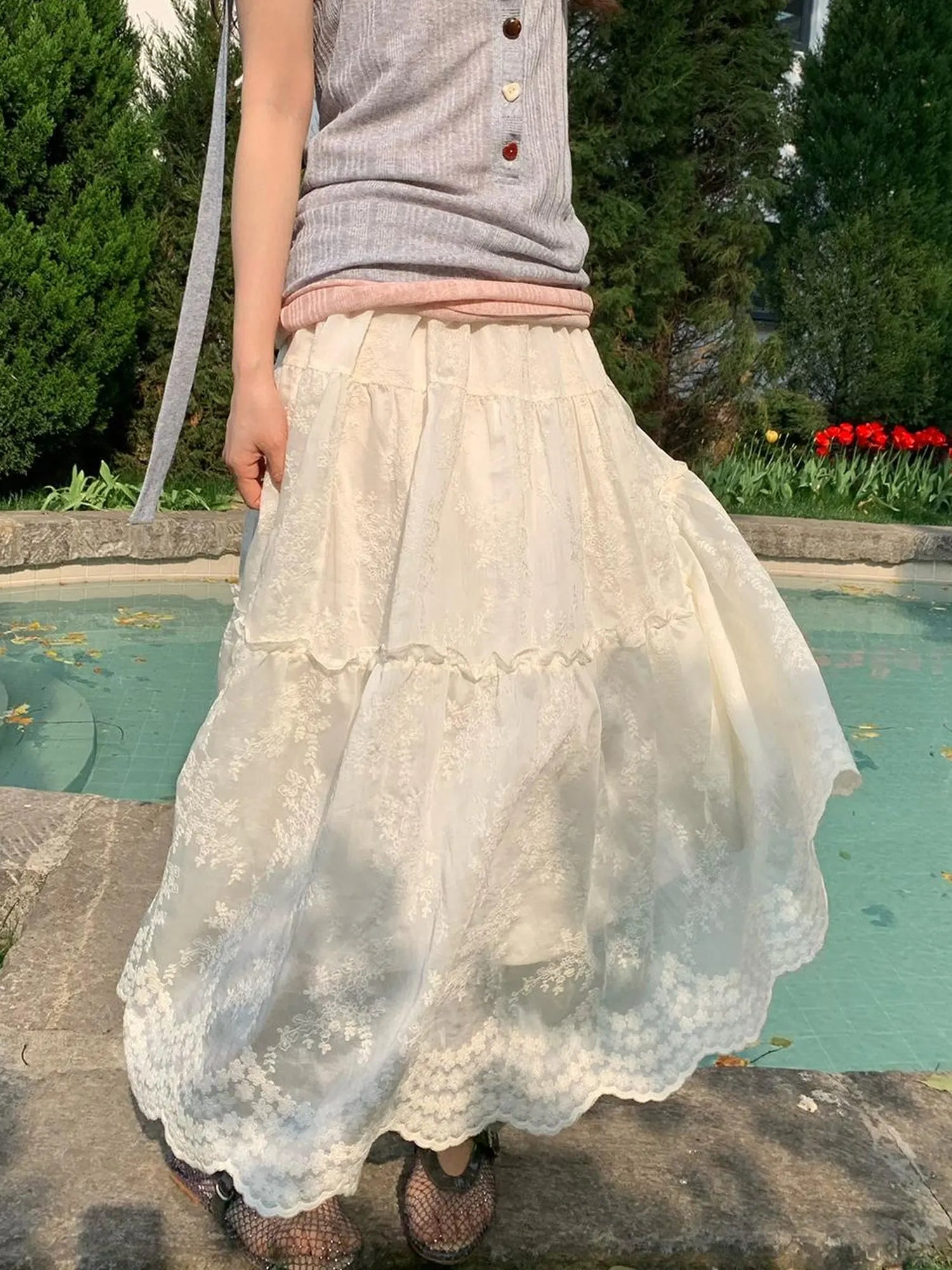 Embroidered Wave Hem White Skirt Elegant Floral Lace A Line Midi