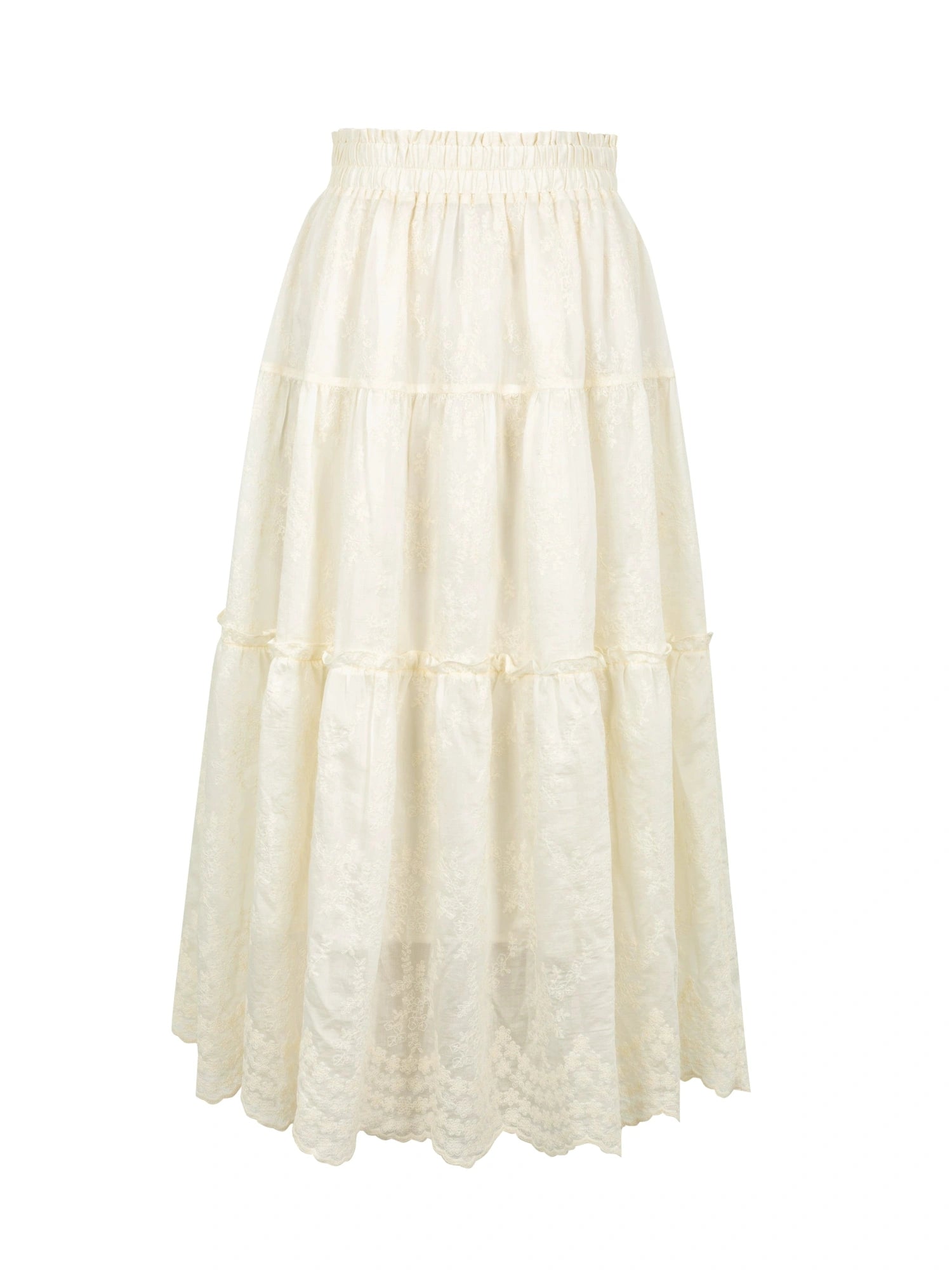 Embroidered Wave Hem White Skirt Elegant Floral Lace A Line Midi