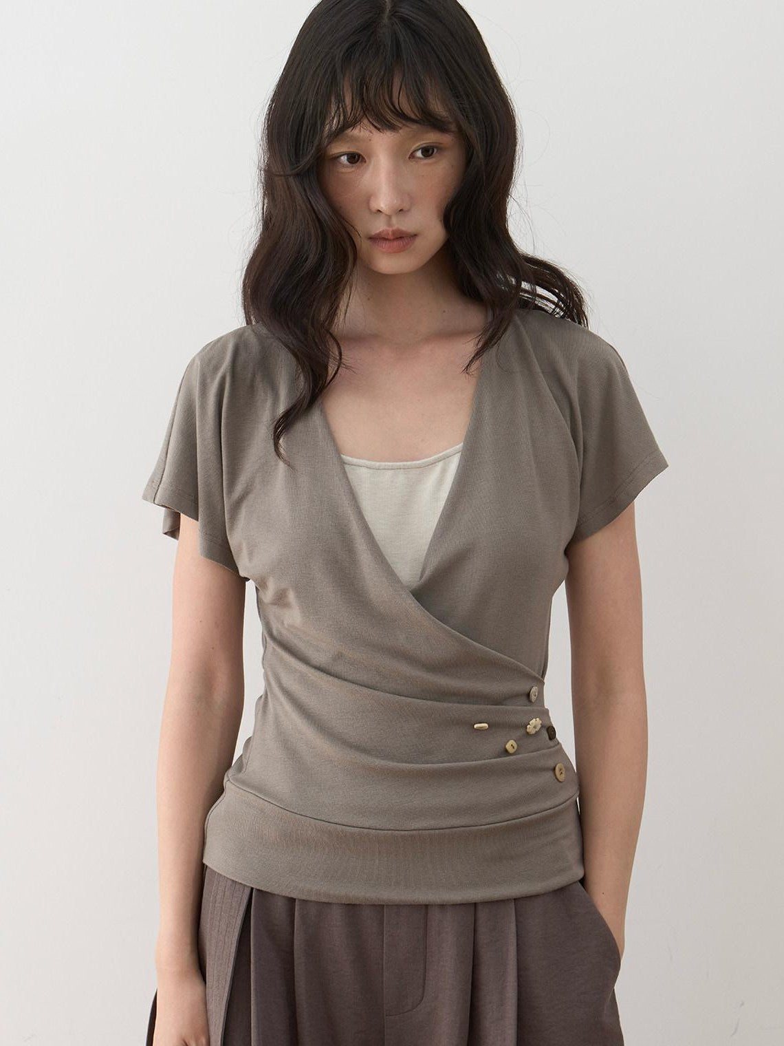 Dorydory Faux Layered Raw Edge Flutter Sleeve Women&