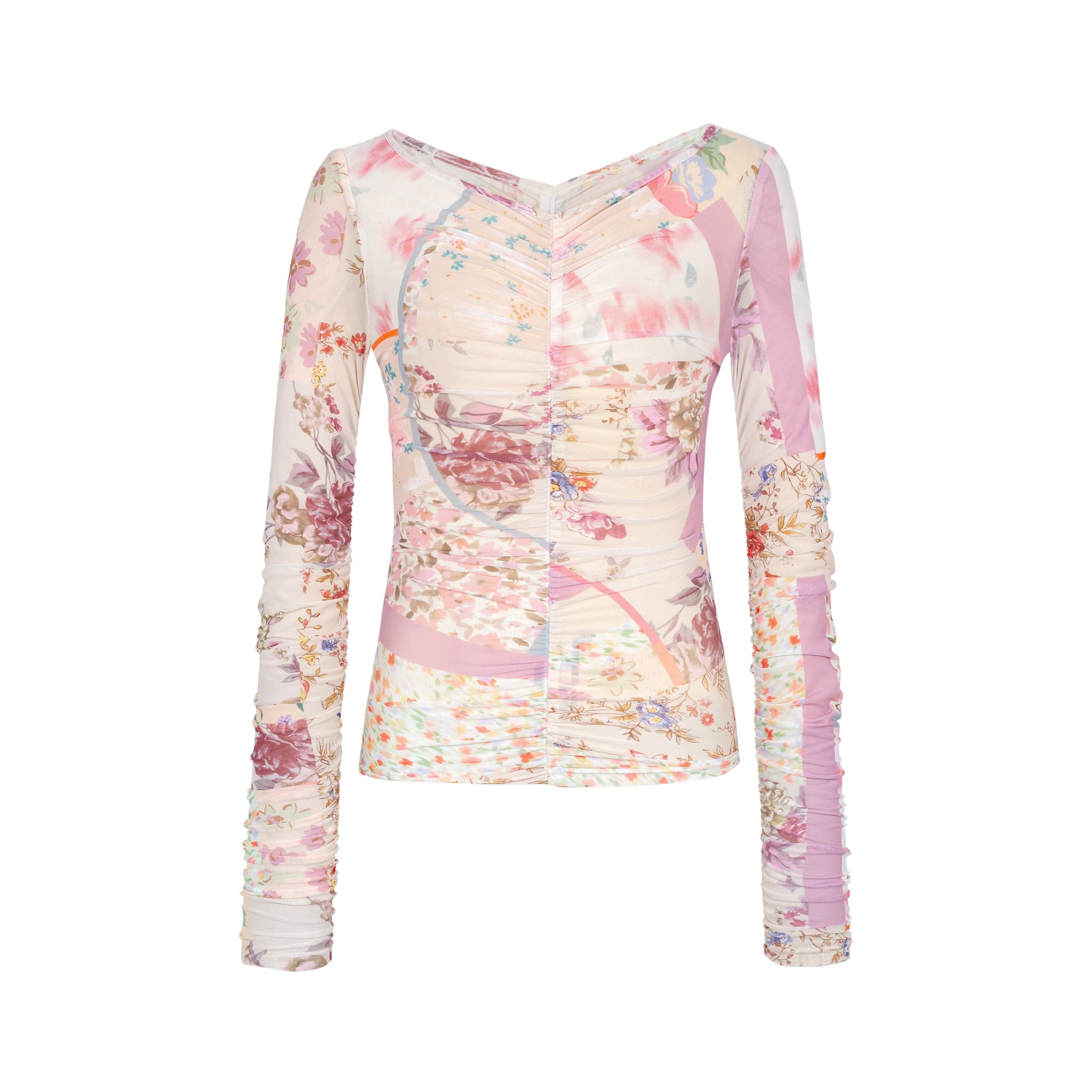 Dorydory_Floral_Bird_Mesh_V-neck_Printed_Women&