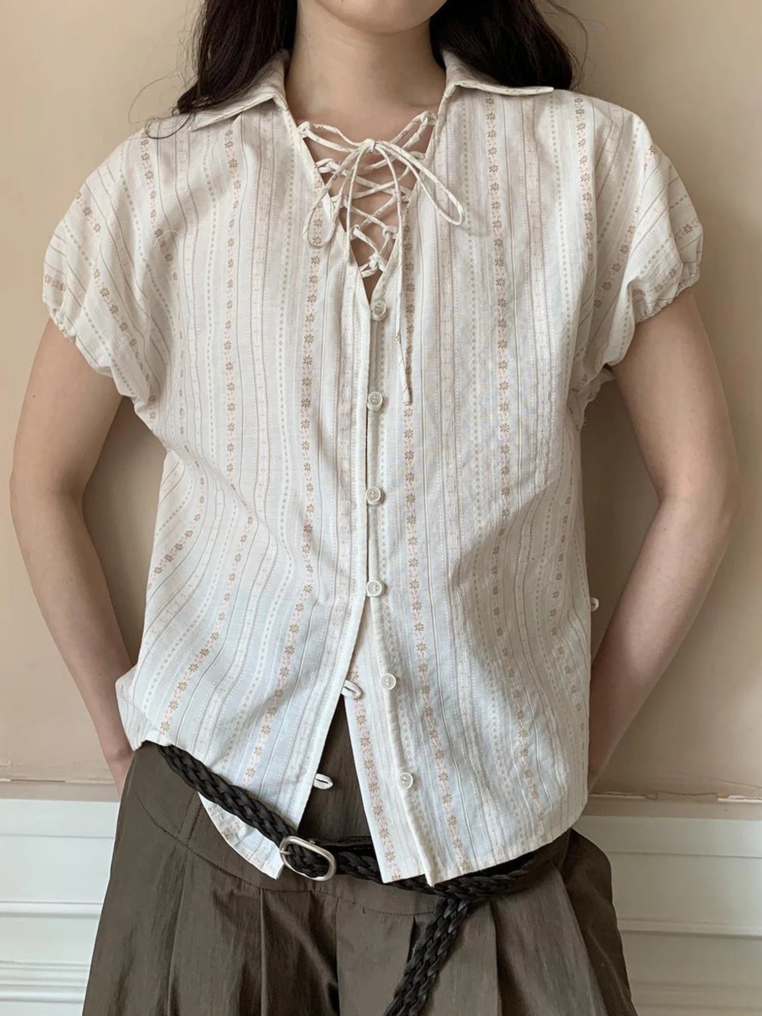 Floral Bud Tie Front Jacquard Blouse