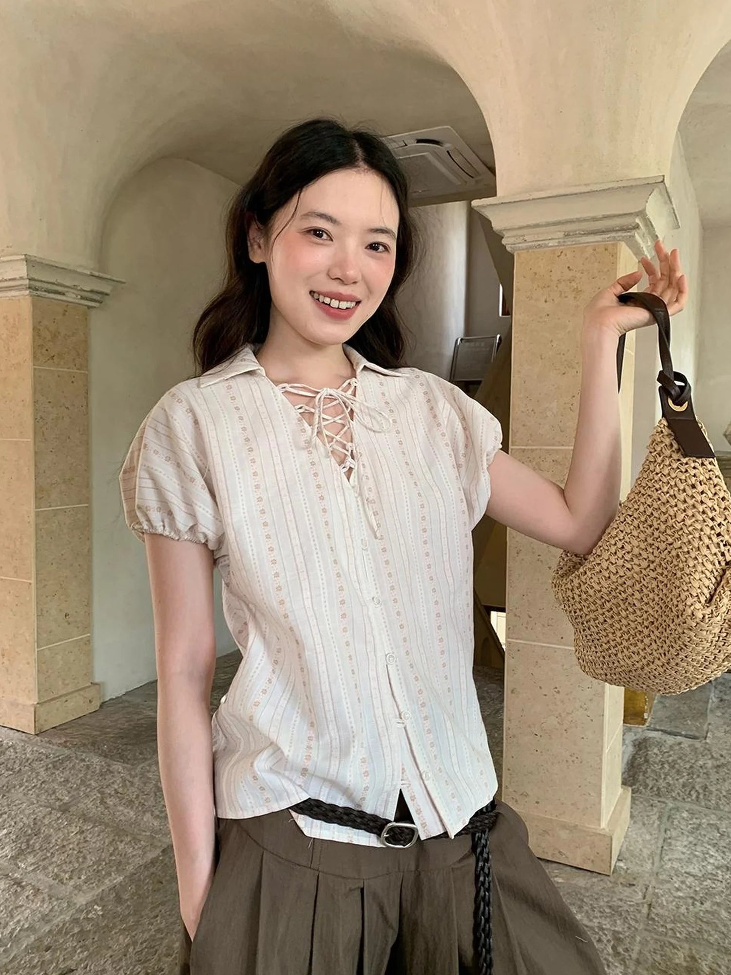 Floral Bud Tie Front Jacquard Blouse