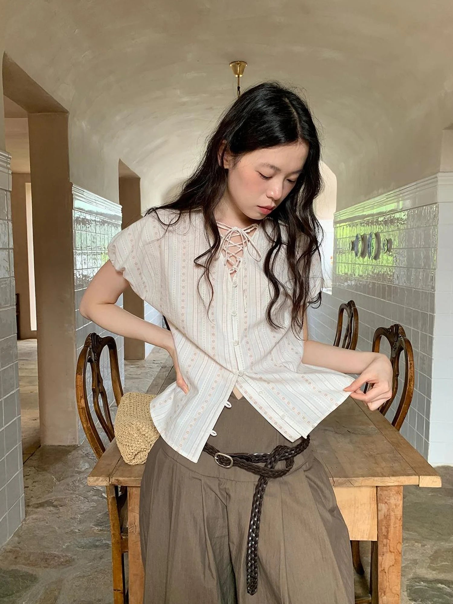 Floral Bud Tie Front Jacquard Blouse