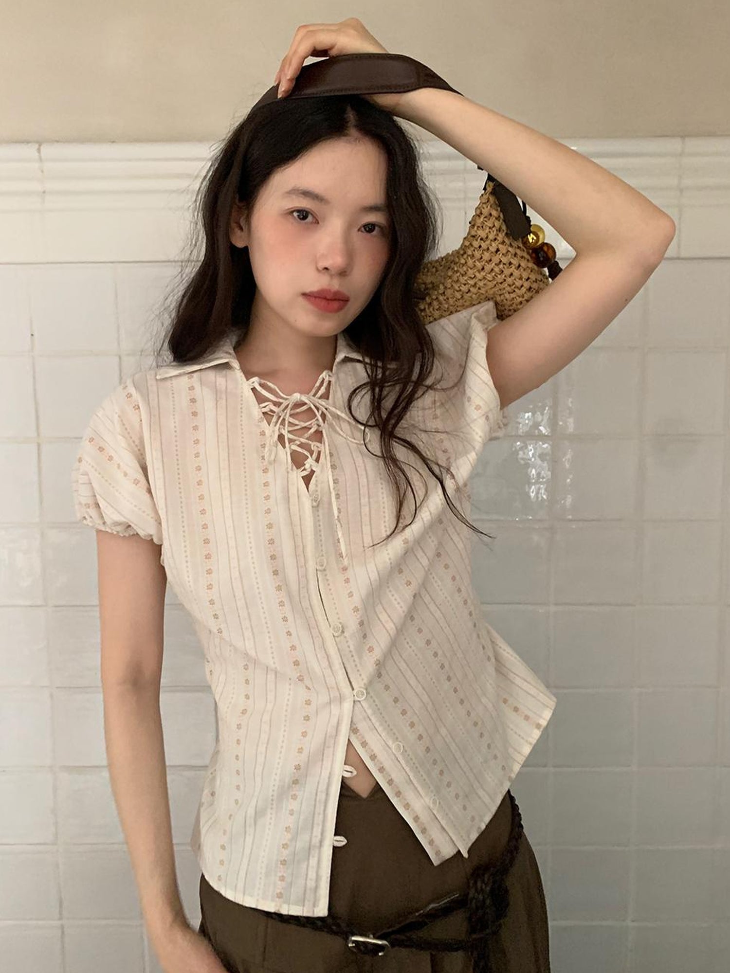 Dorydory Floral Bud Tie Front Jacquard Blouse