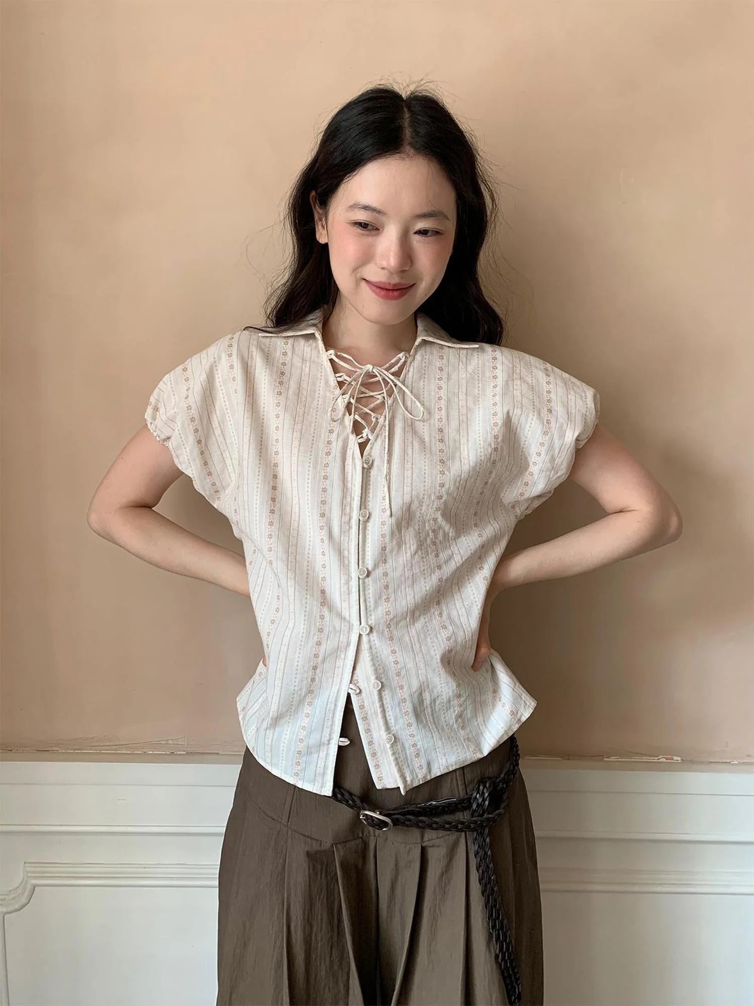 Floral Bud Tie Front Jacquard Blouse