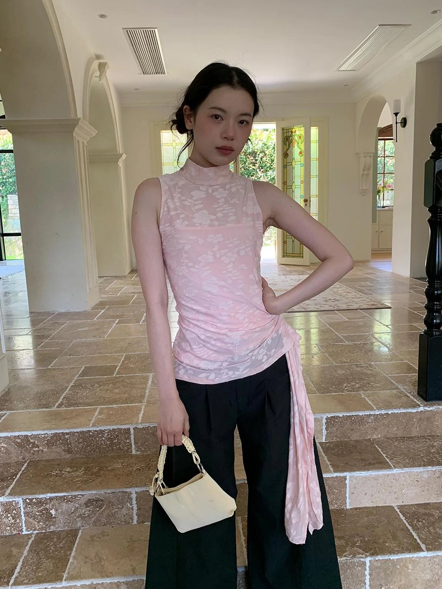 Floral Jacquard Ribbon Sleeveless Top