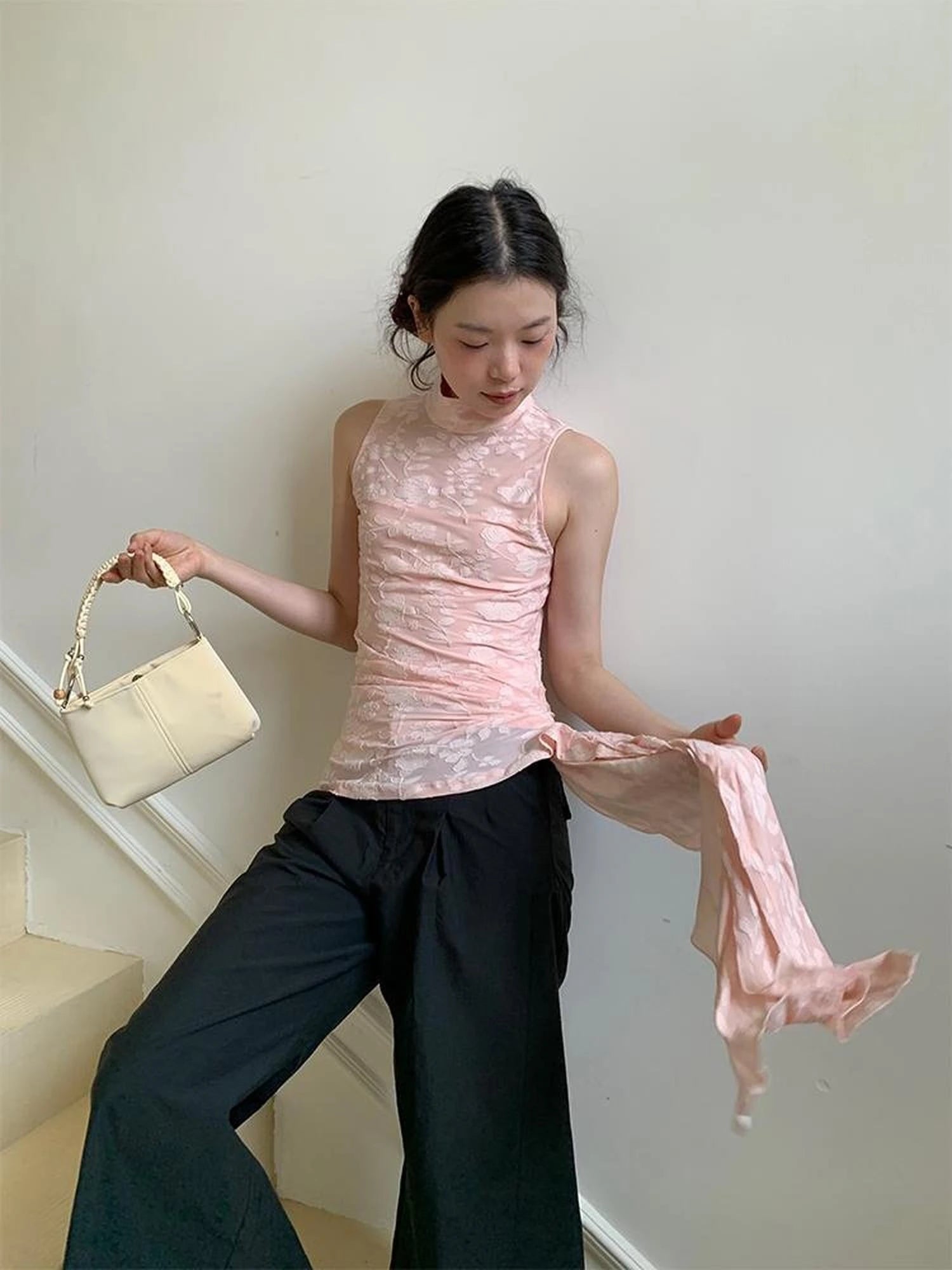 Floral Jacquard Ribbon Sleeveless Top