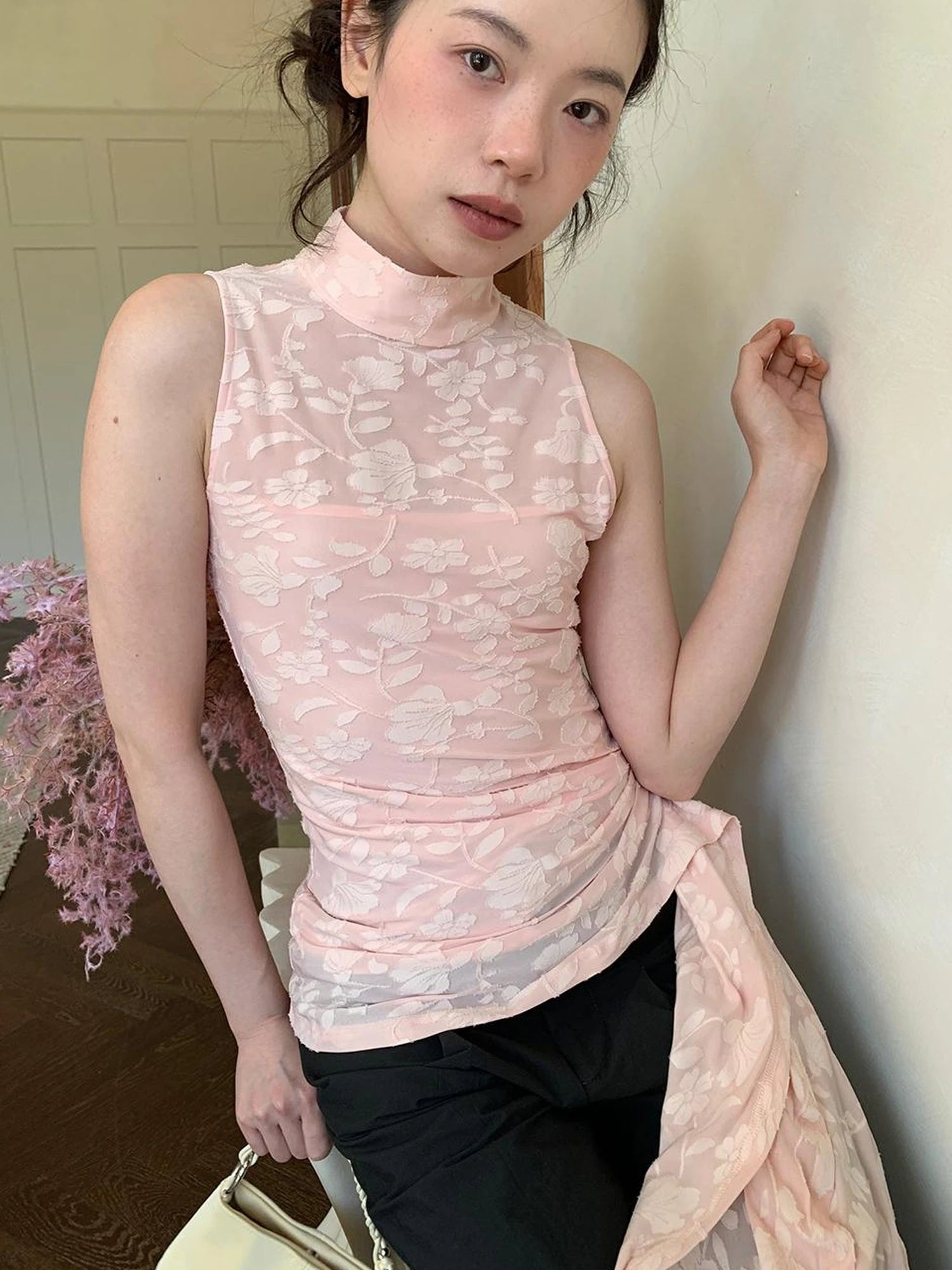 Floral Jacquard Ribbon Sleeveless Top