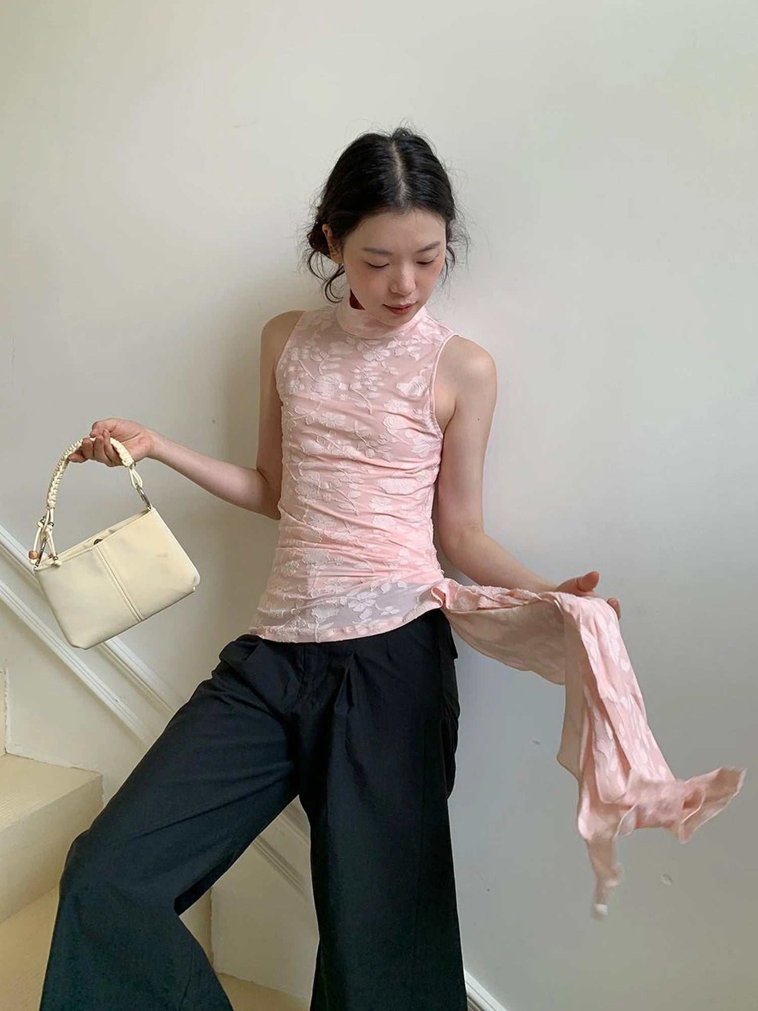 Floral Jacquard Ribbon Sleeveless Top