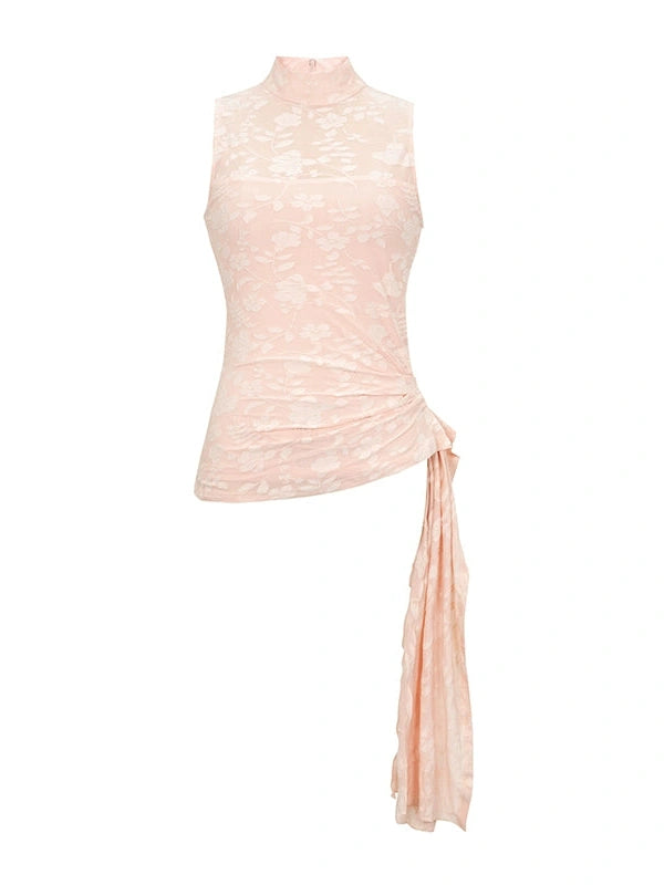 Floral Jacquard Ribbon Sleeveless Top