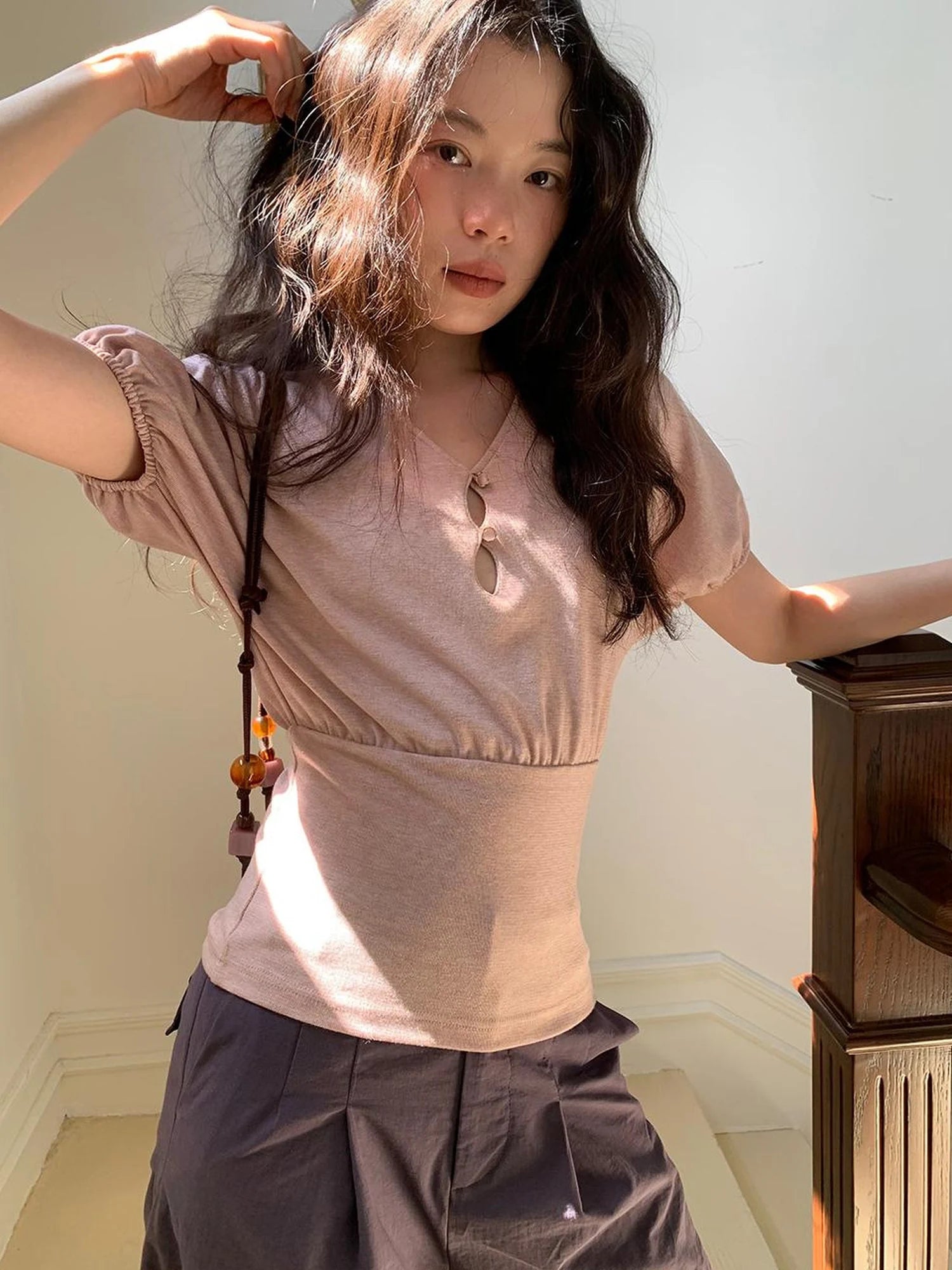 Floral Sleeve Sheer V-Neck Cropped Tee