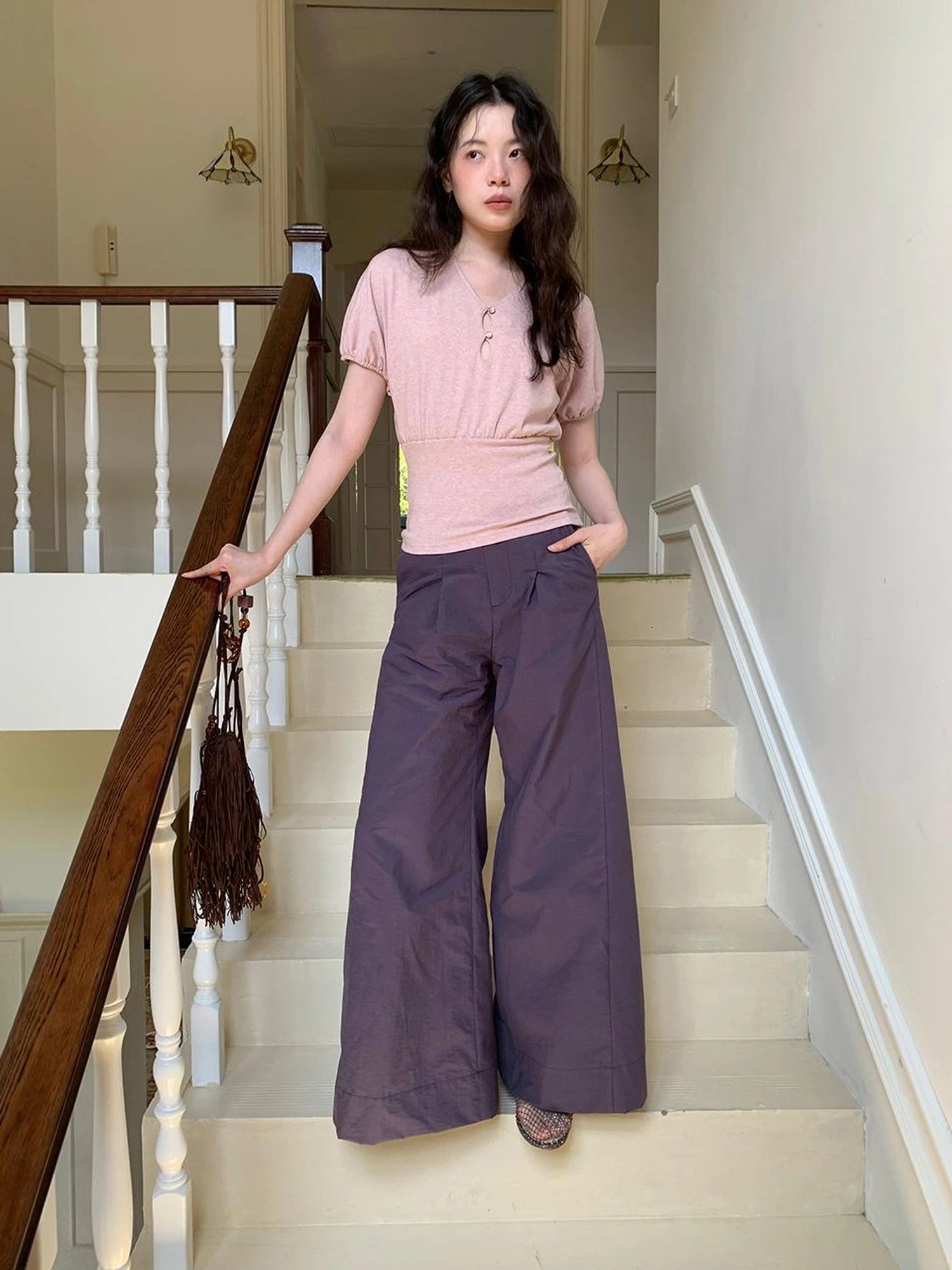 Floral Sleeve Sheer V-Neck Cropped Tee