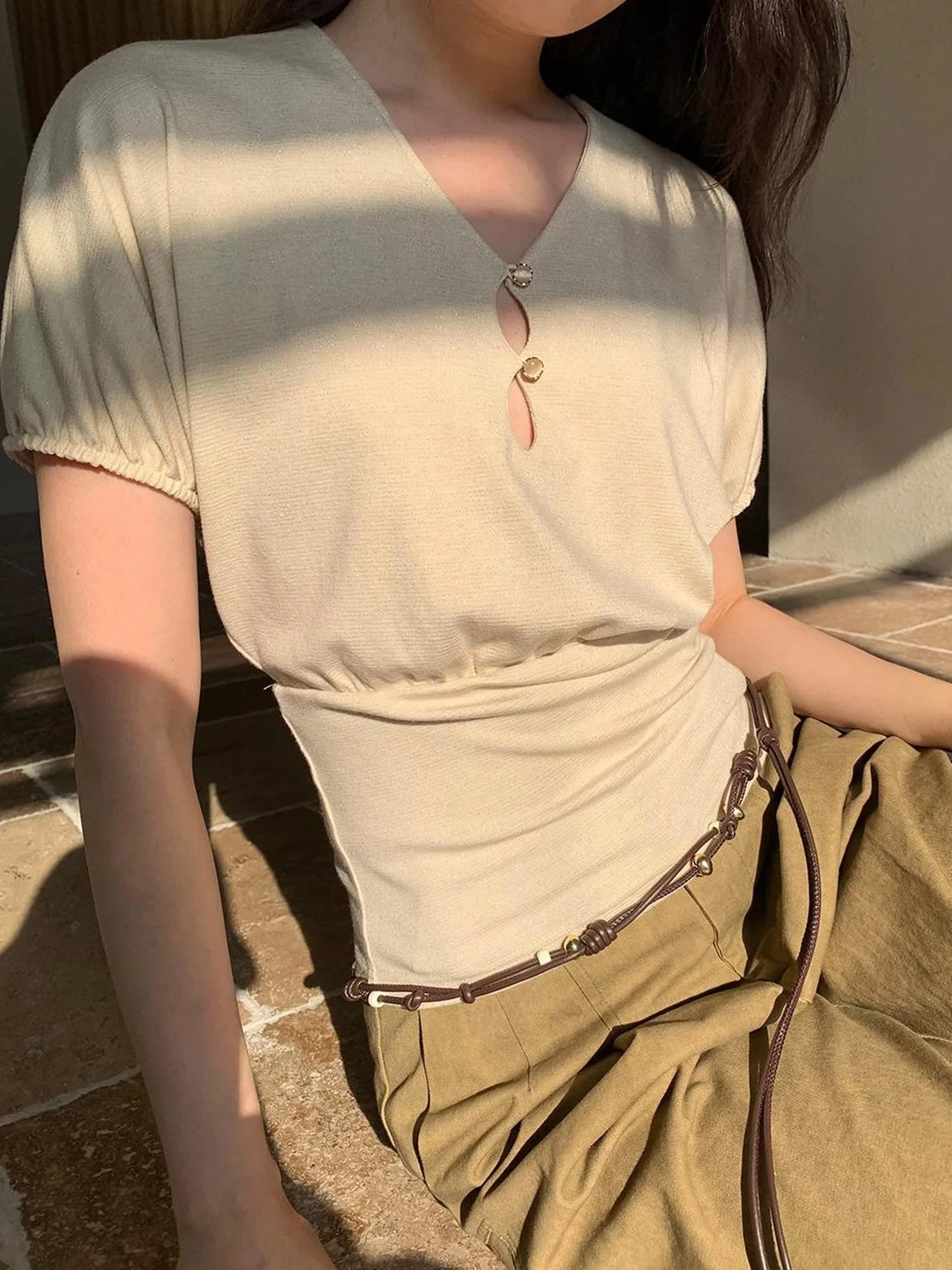 Floral Sleeve Sheer V-Neck Cropped Tee