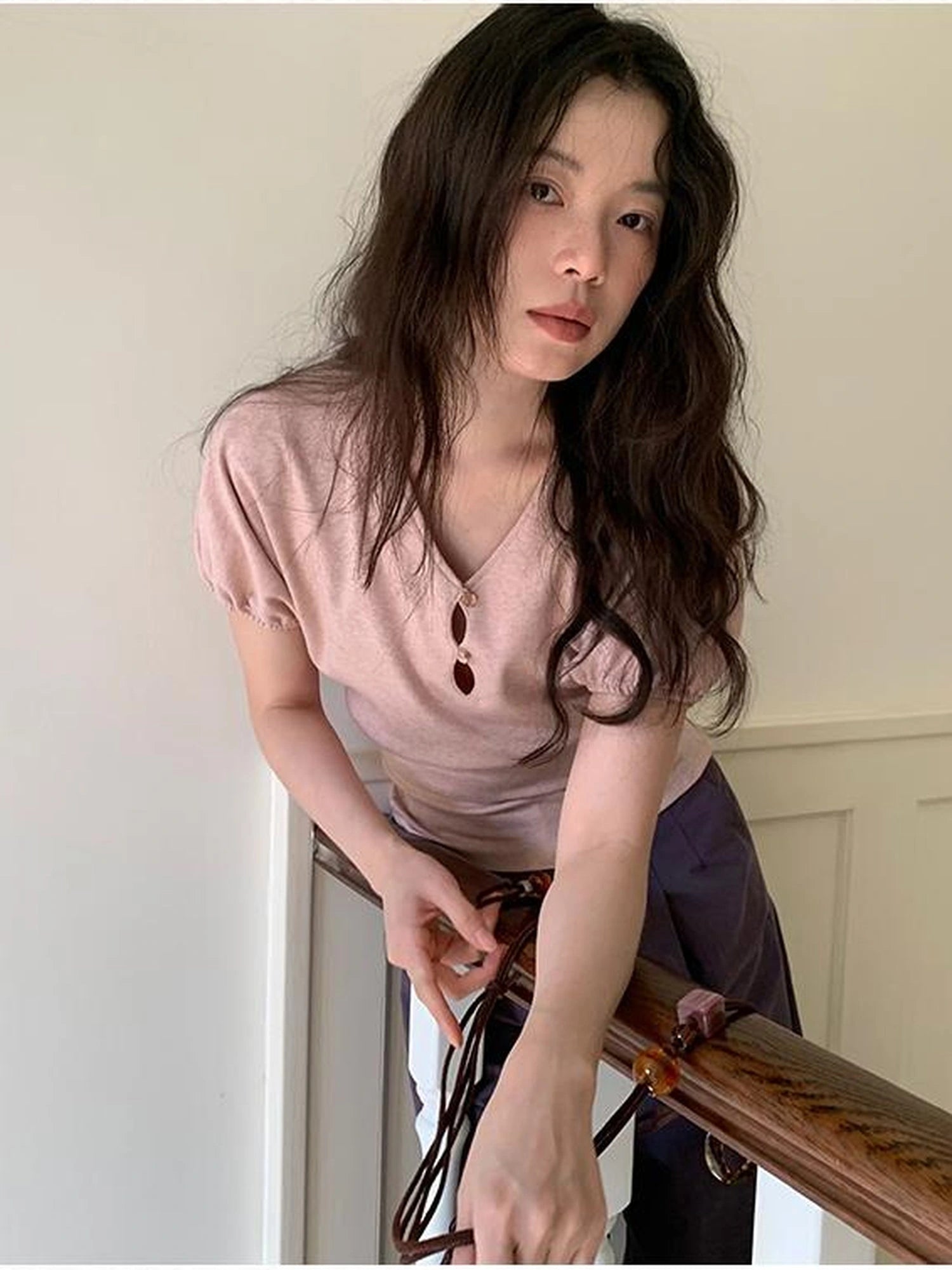 Floral Sleeve Sheer V-Neck Cropped Tee