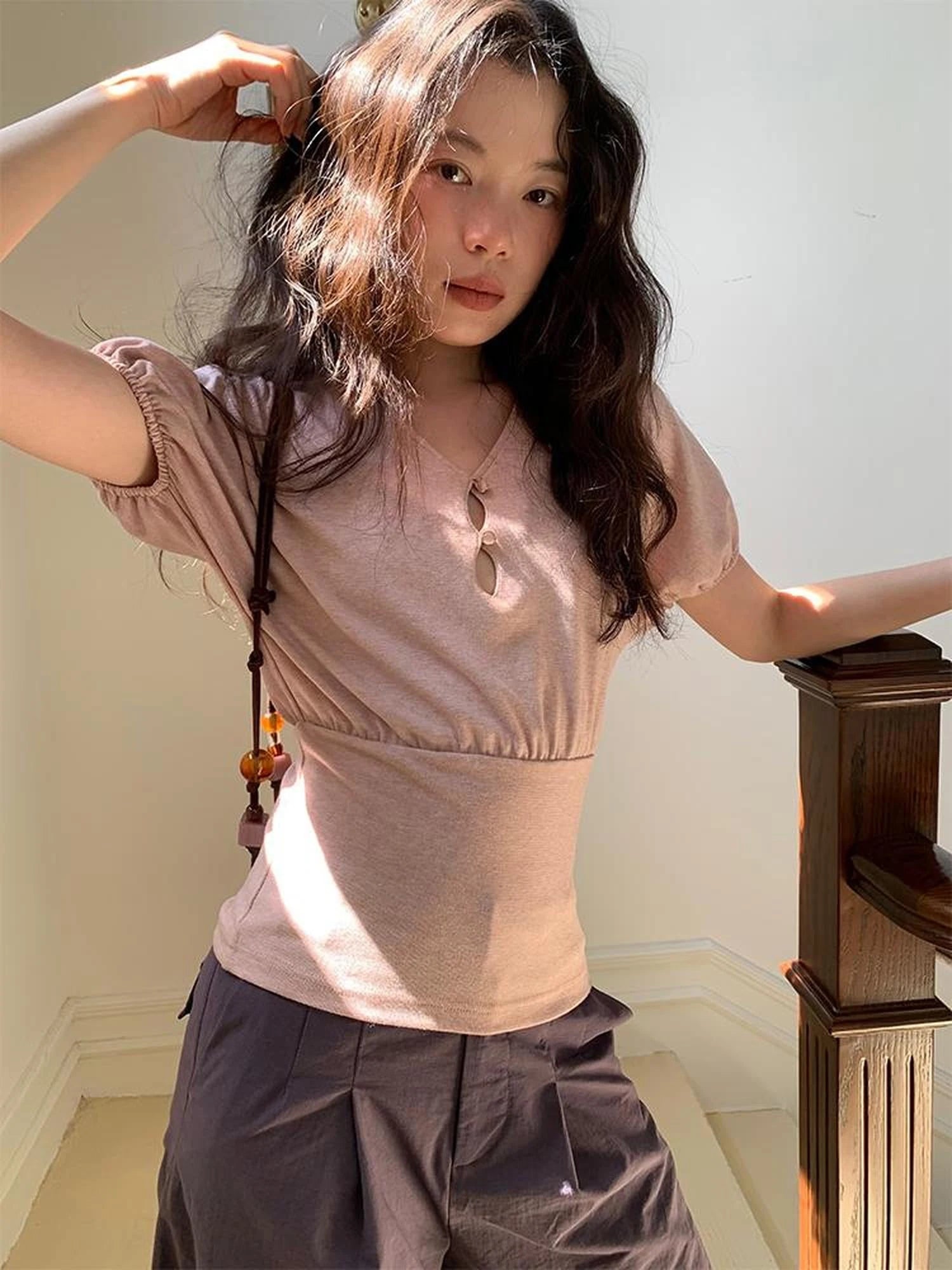 Floral Sleeve Sheer V-Neck Cropped Tee