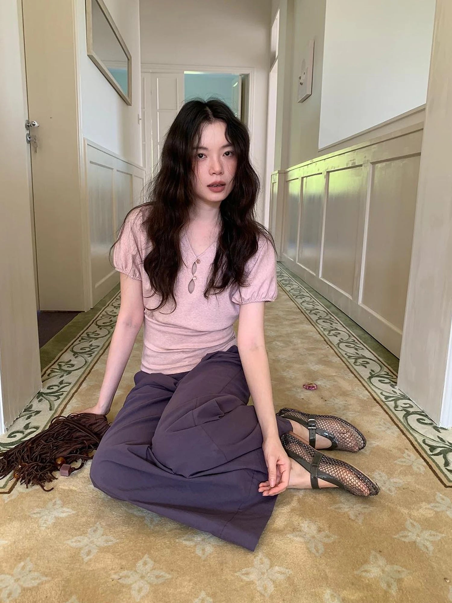 Floral Sleeve Sheer V-Neck Cropped Tee