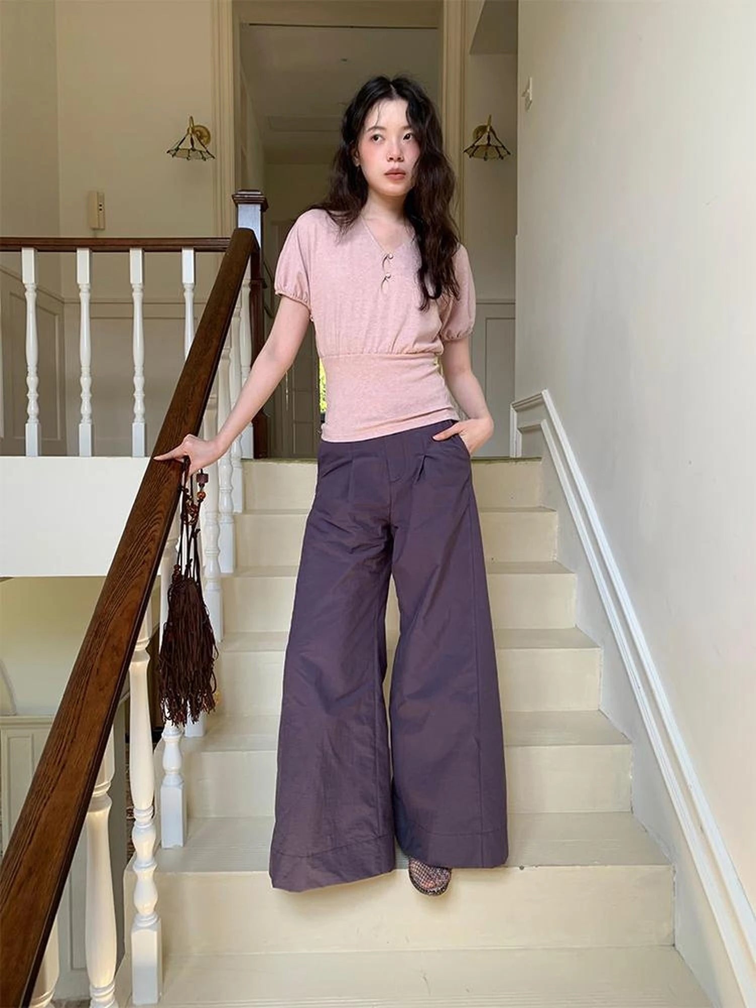 Floral Sleeve Sheer V-Neck Cropped Tee