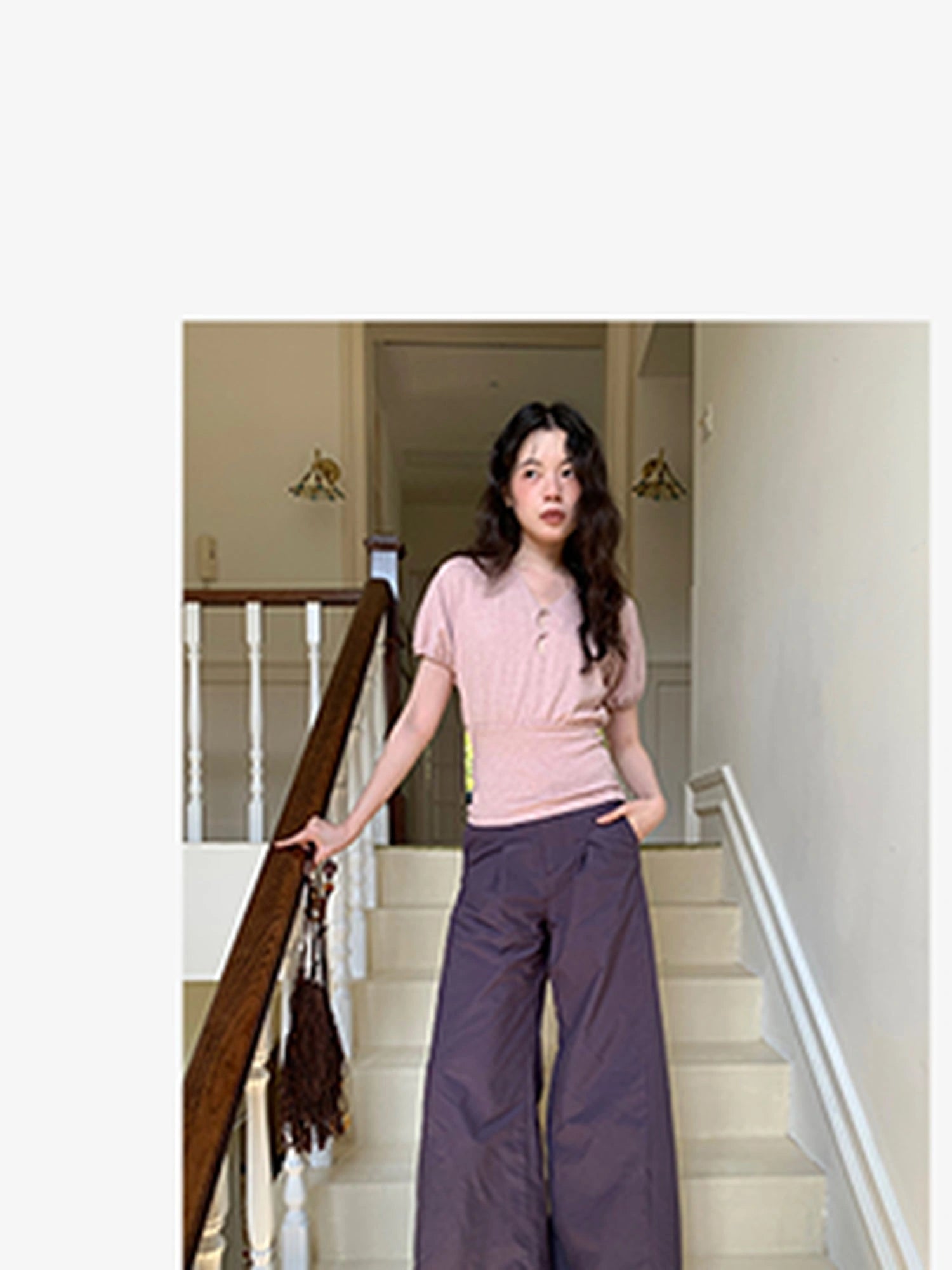 Floral Sleeve Sheer V-Neck Cropped Tee