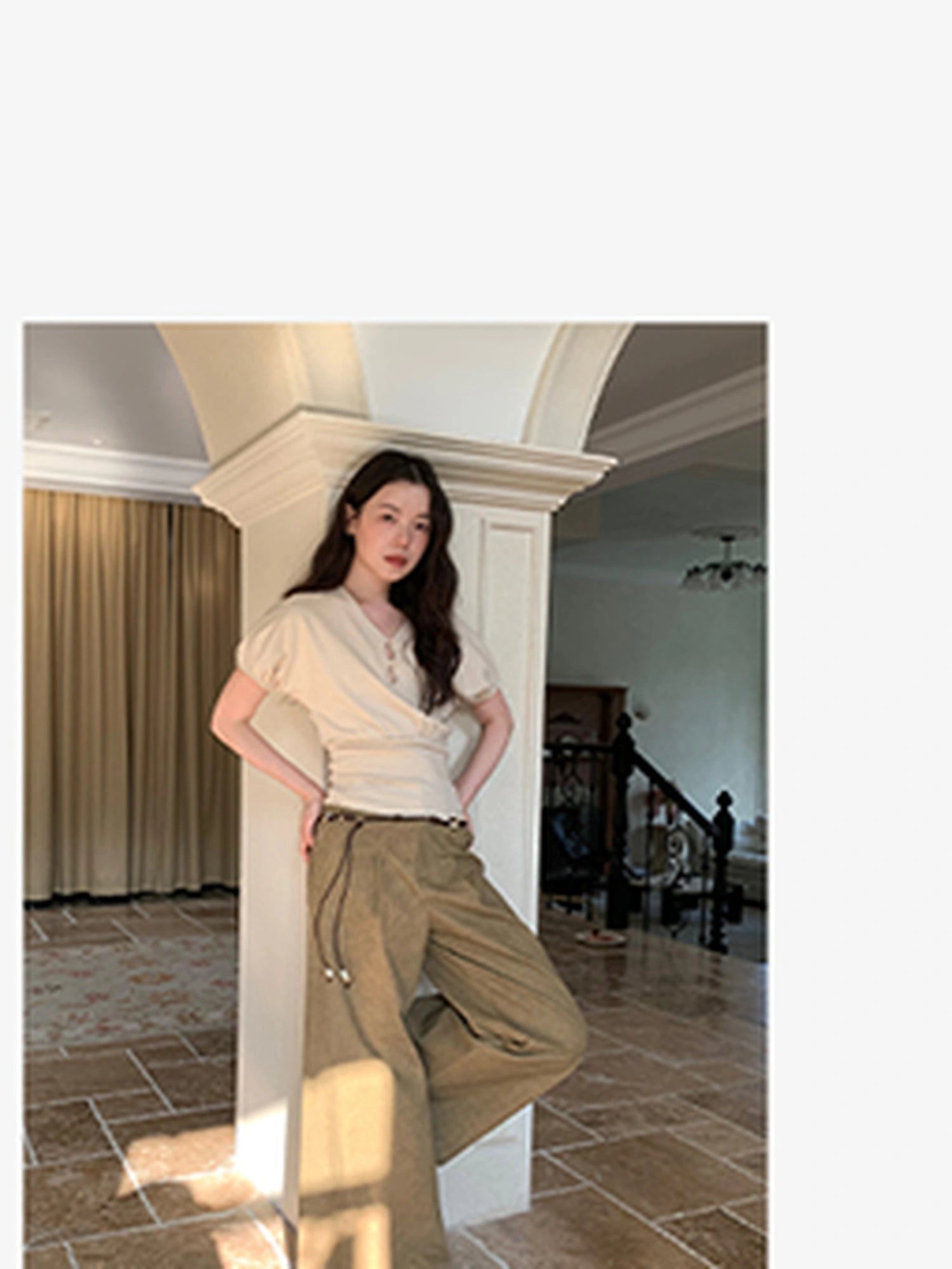 Floral Sleeve Sheer V-Neck Cropped Tee