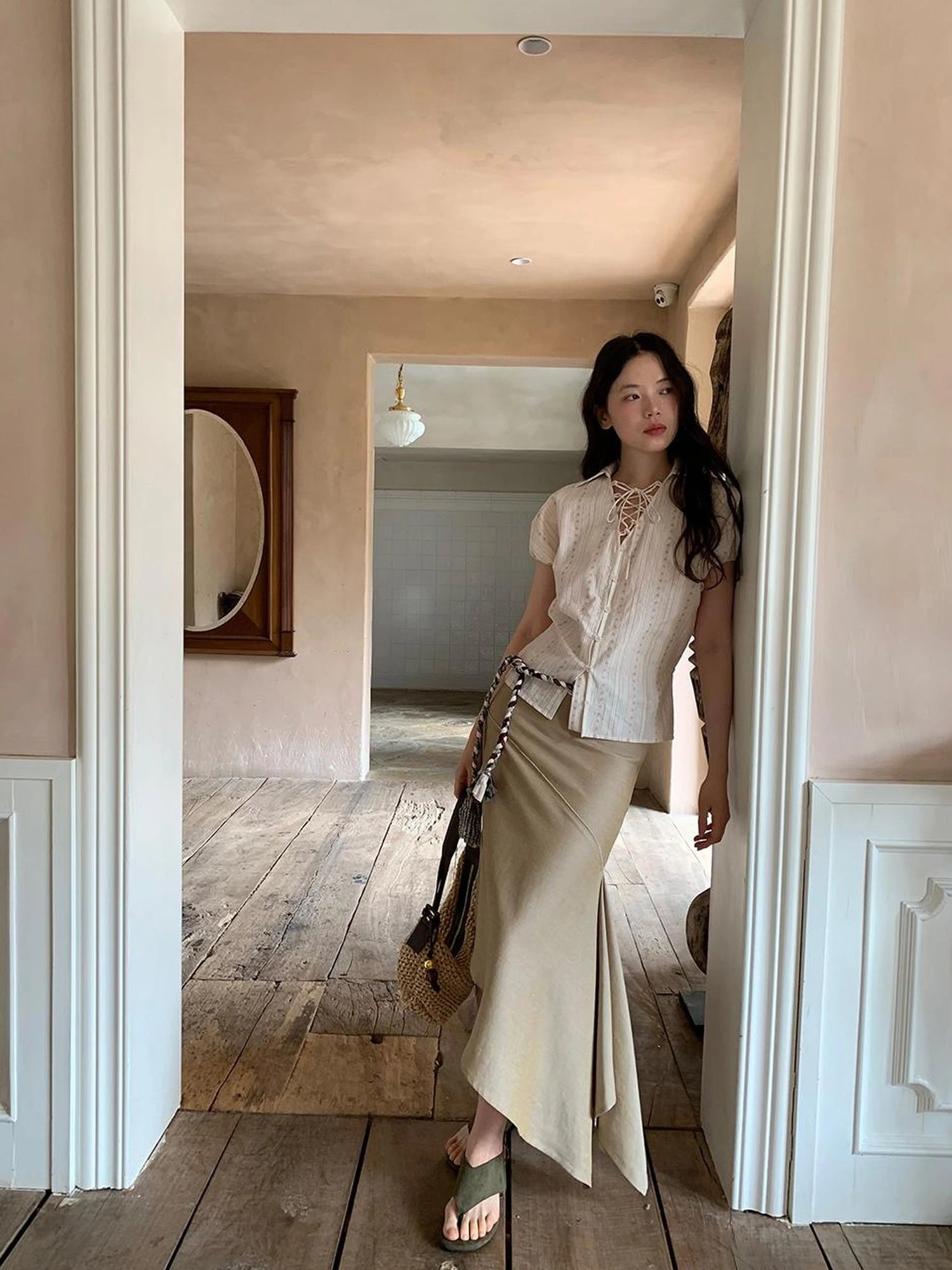 Flowy A Line Skirt With Asymmetric Hem And Linen Blend Fabric