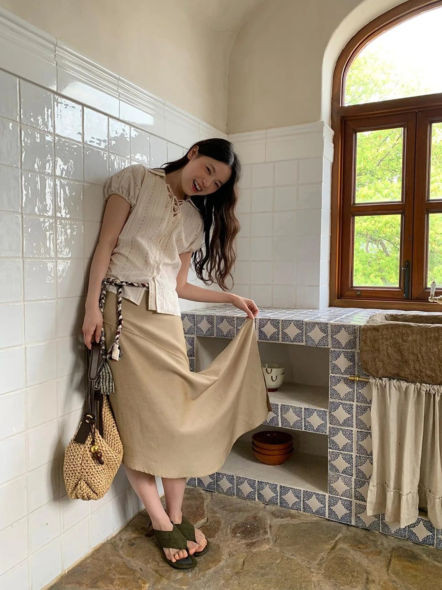 Flowy A Line Skirt With Asymmetric Hem And Linen Blend Fabric