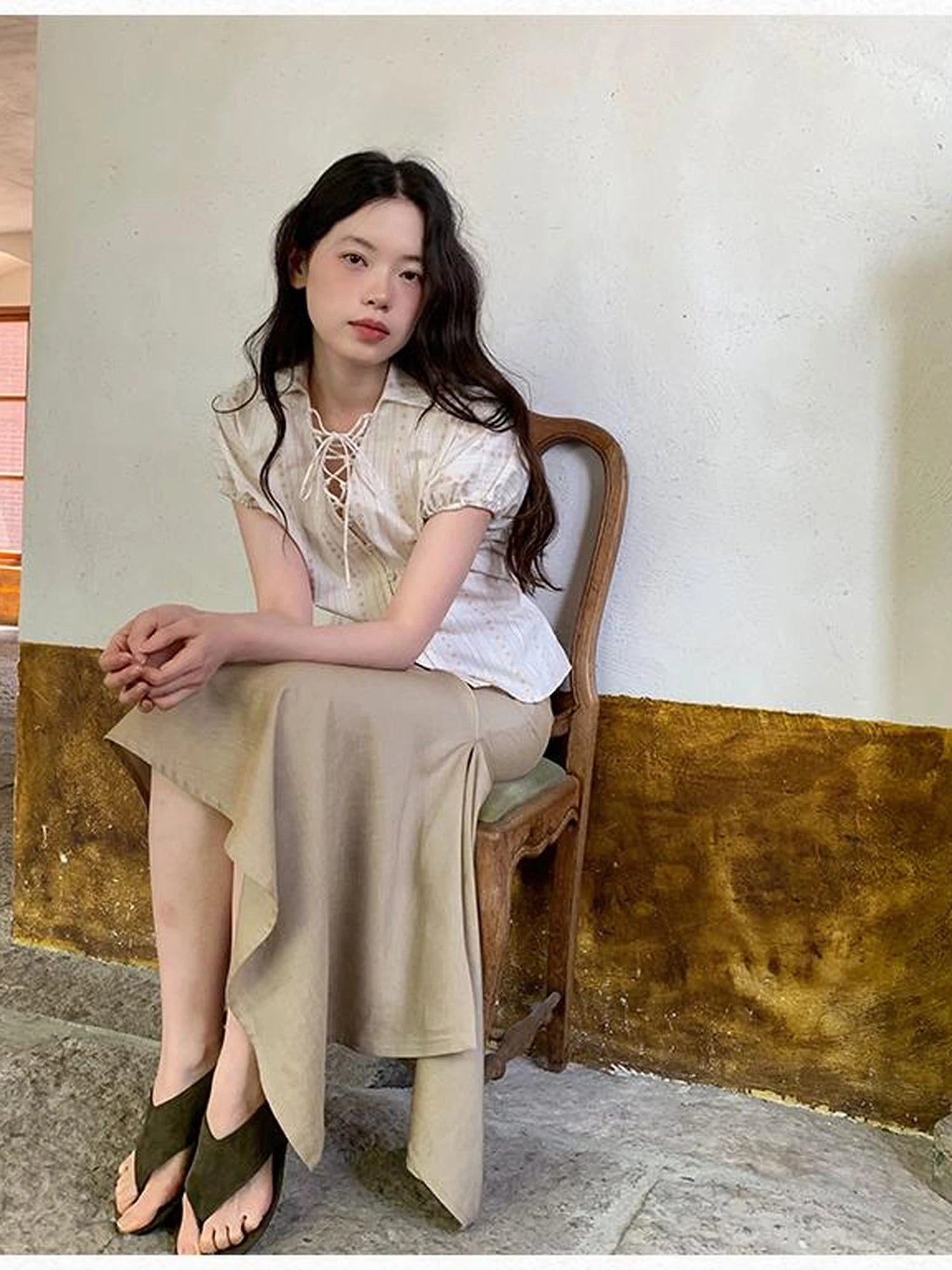 Flowy A Line Skirt With Asymmetric Hem And Linen Blend Fabric