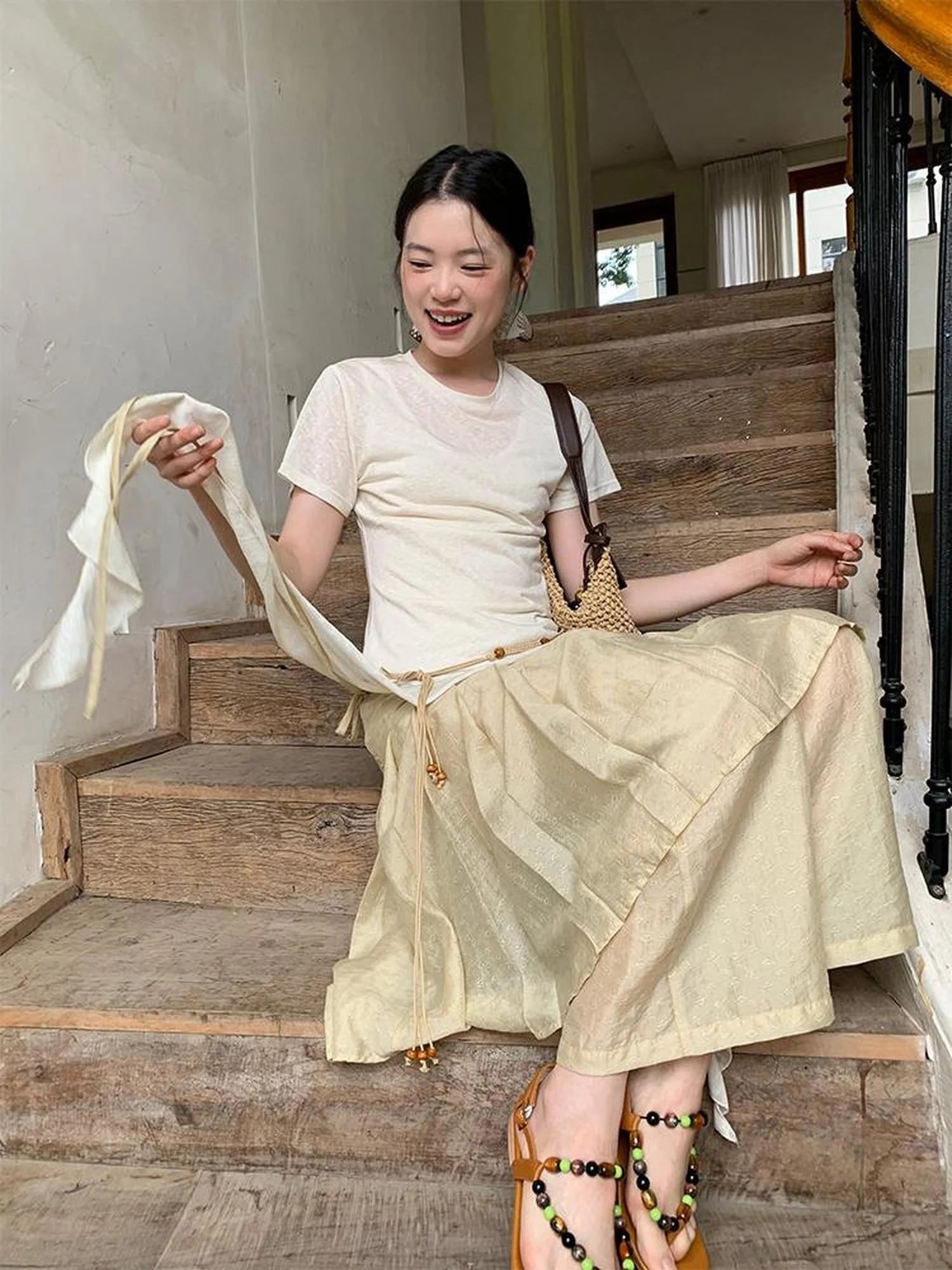 Flowy Ribbon Hem T-shirt with Elastic Waist