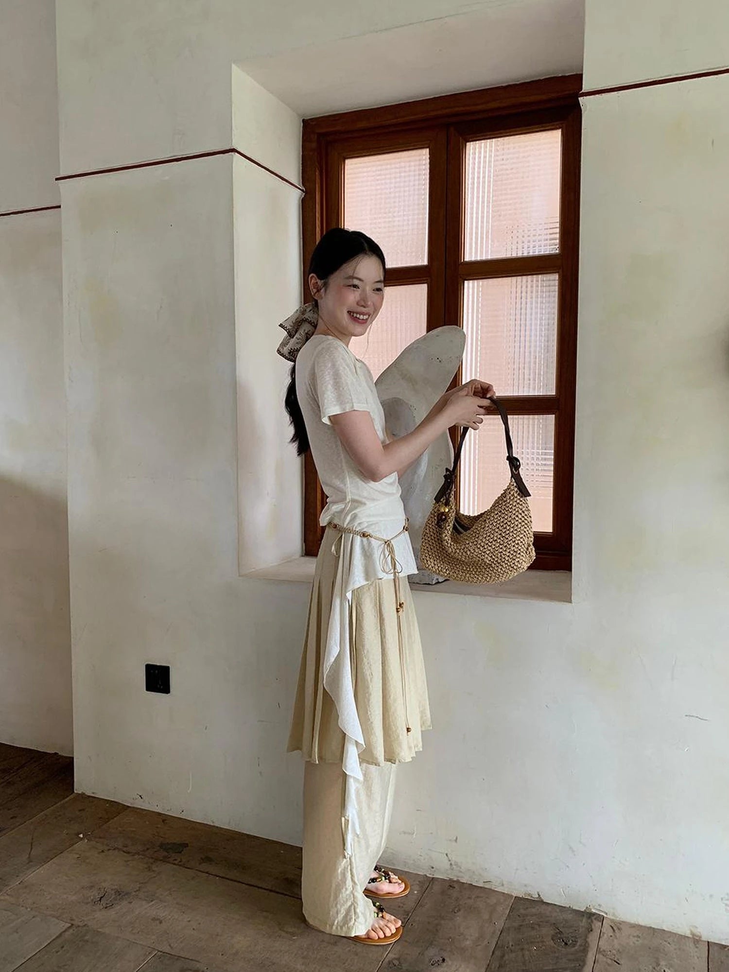 Flowy Ribbon Hem T-shirt with Elastic Waist