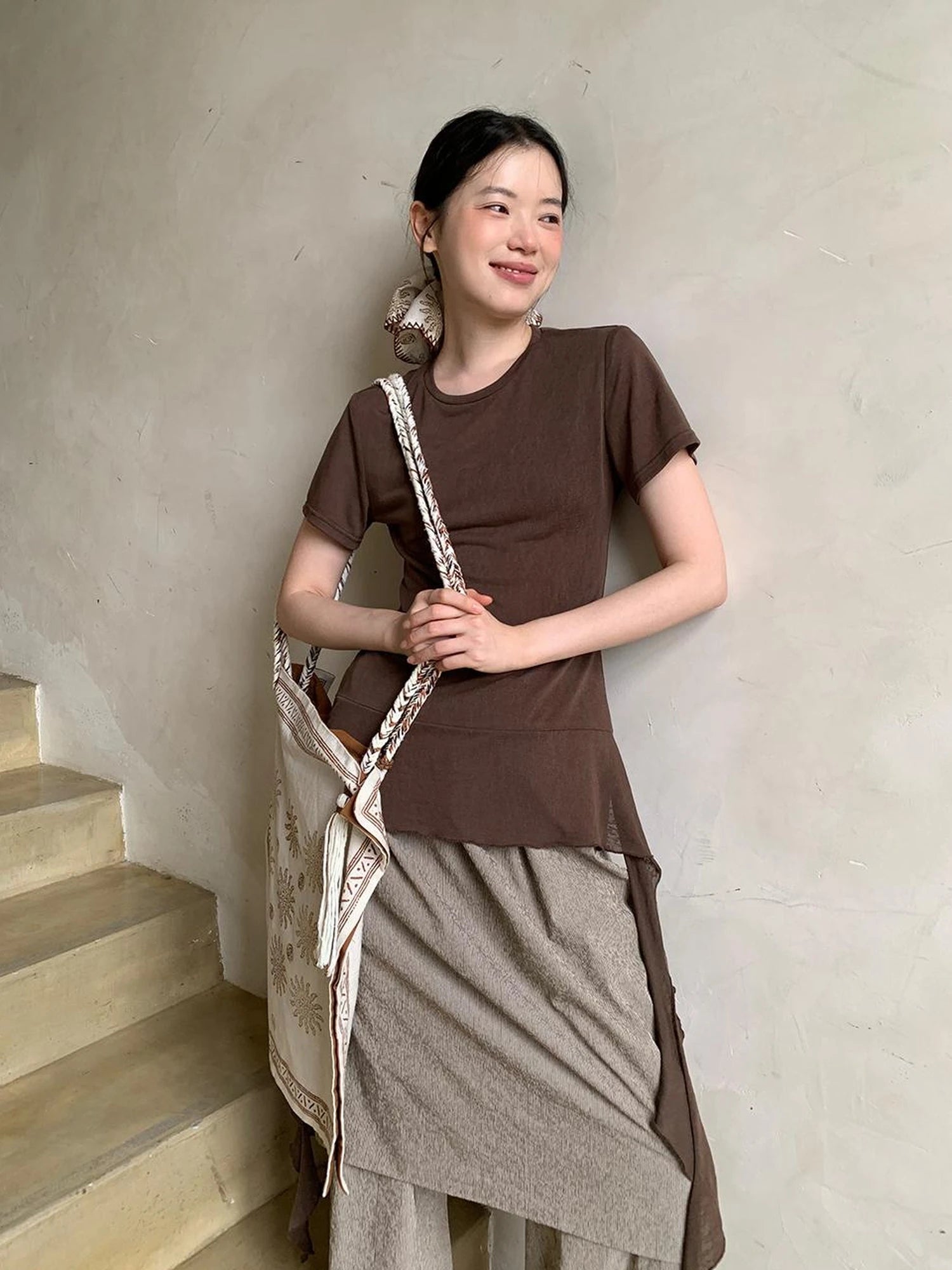 Flowy Ribbon Hem T-shirt with Elastic Waist