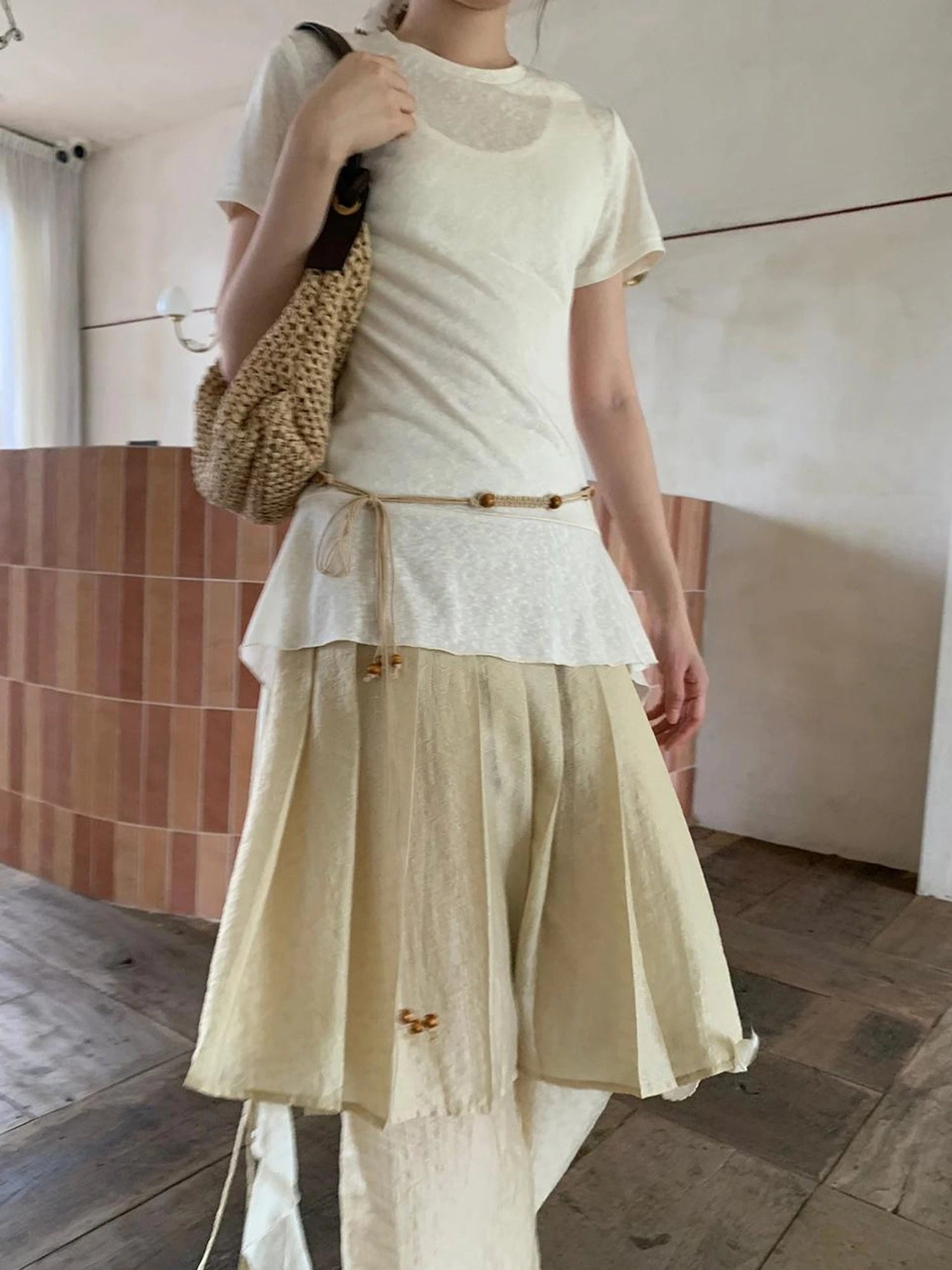 Flowy Ribbon Hem T-shirt with Elastic Waist