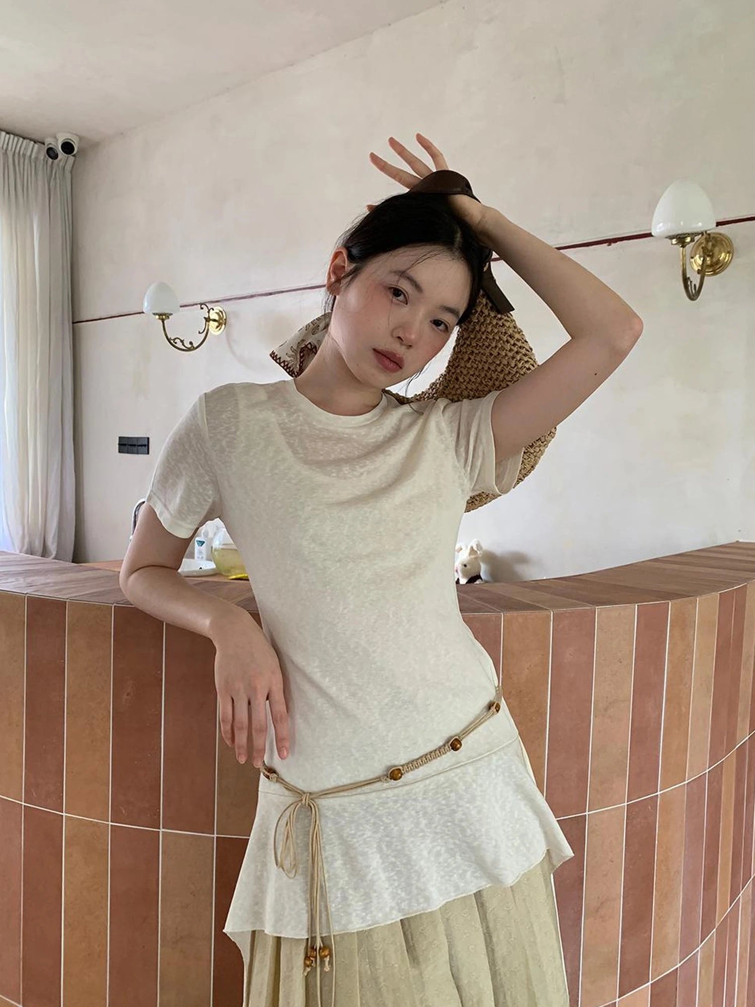 Flowy Ribbon Hem T-shirt with Elastic Waist