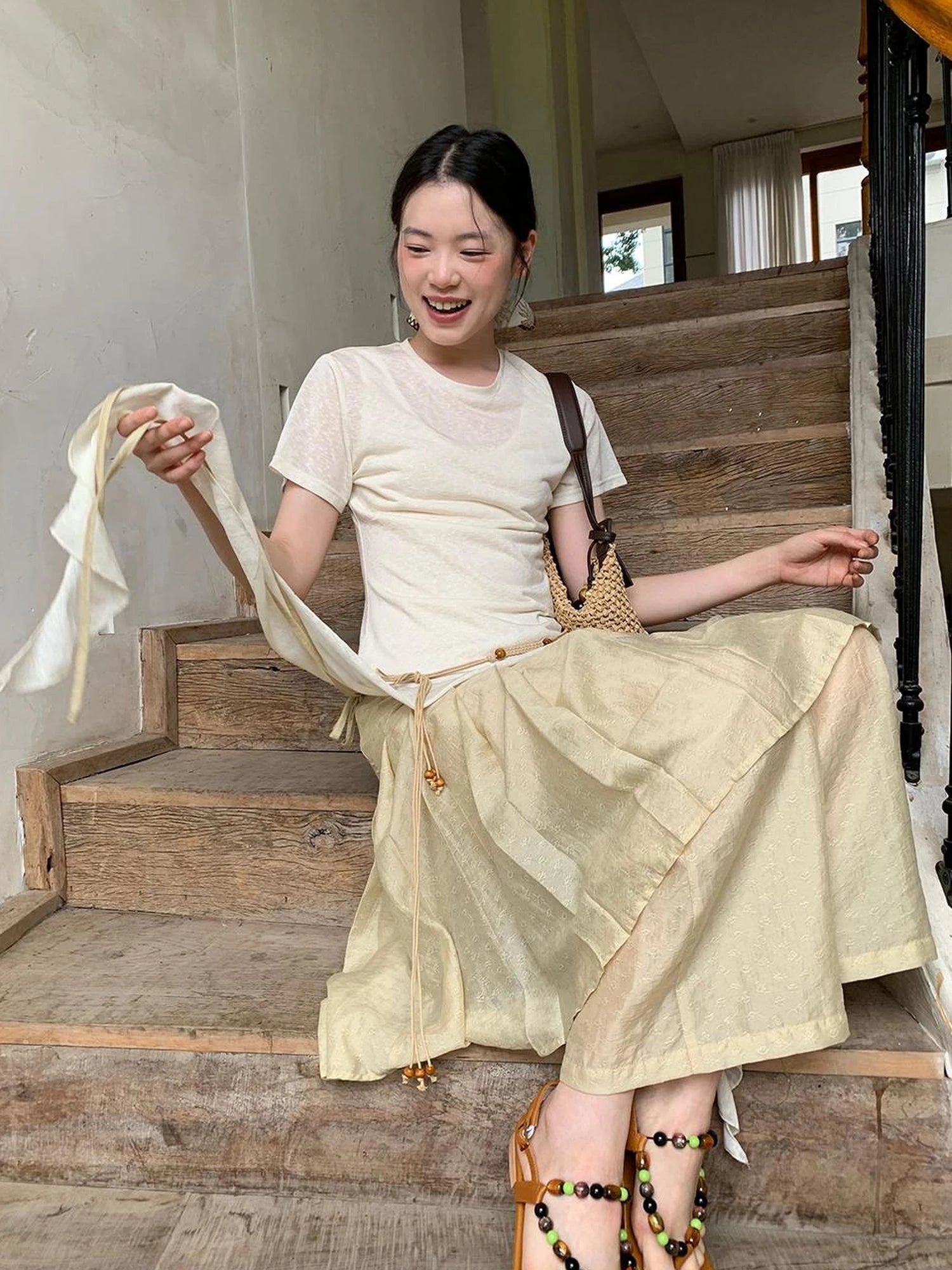 Flowy Ribbon Hem T-shirt with Elastic Waist