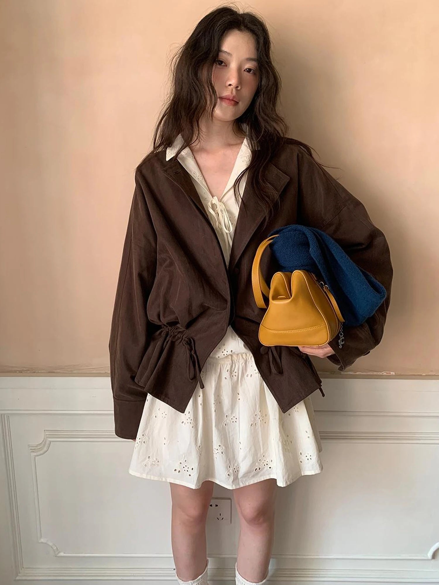 French Lace Trimmed Embroidered Shirt Dress with Waist Tie