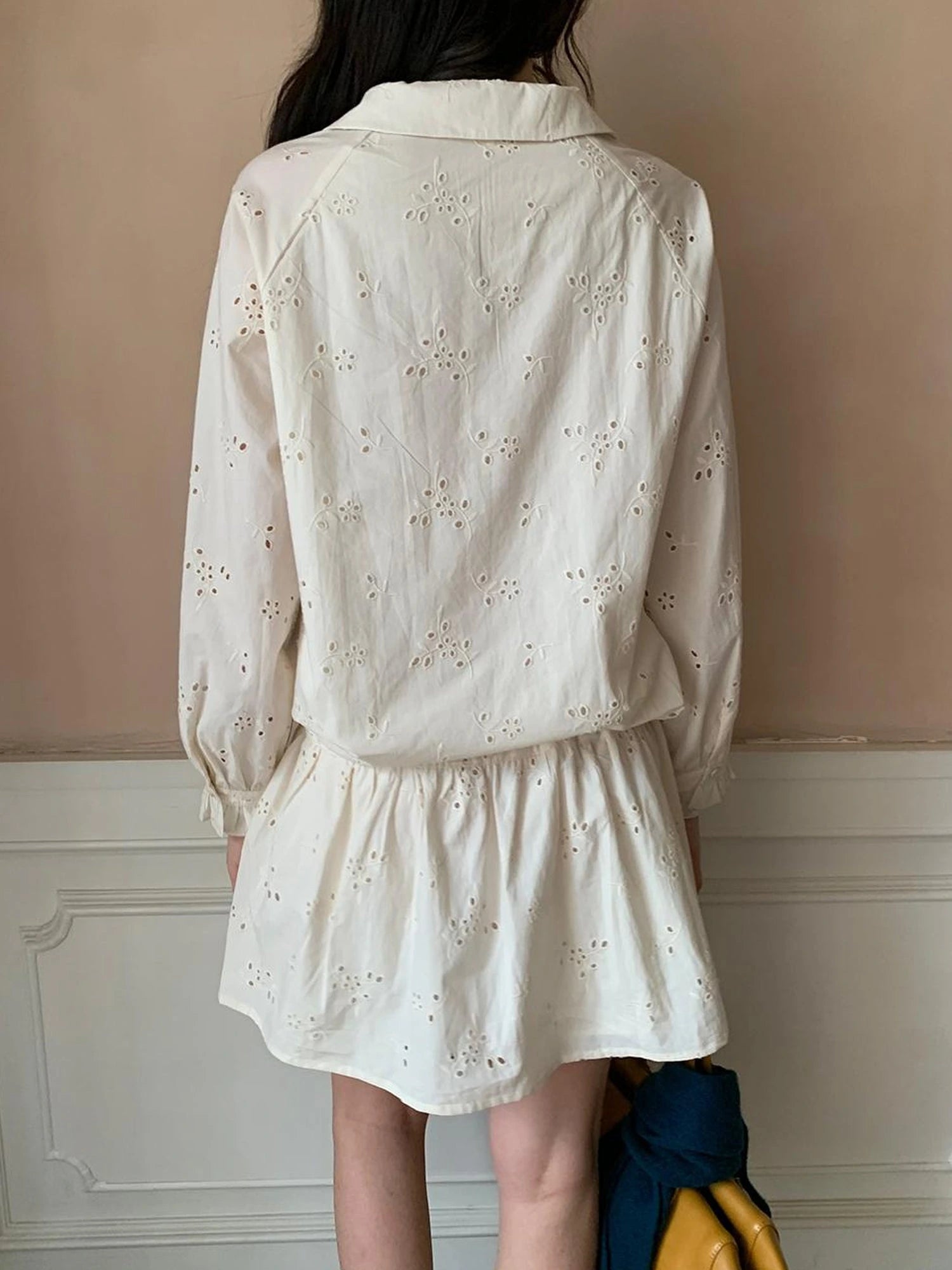 French Lace Trimmed Embroidered Shirt Dress with Waist Tie