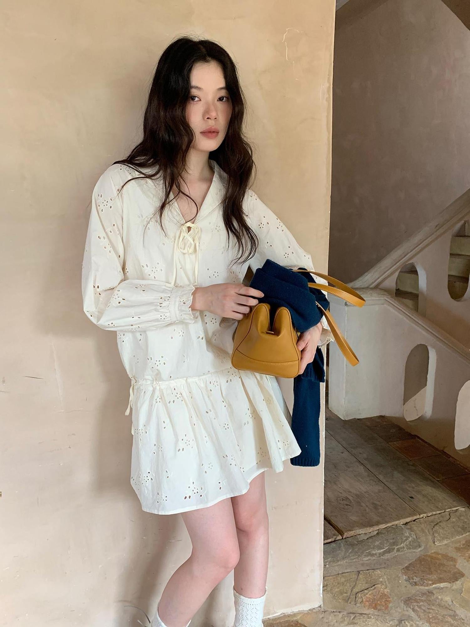 Dorydory French Lace Trimmed Embroidered Shirt Dress with Waist Tie