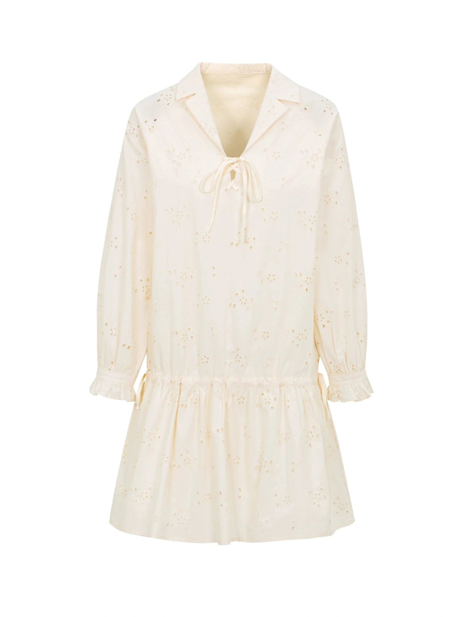 French Lace Trimmed Embroidered Shirt Dress with Waist Tie
