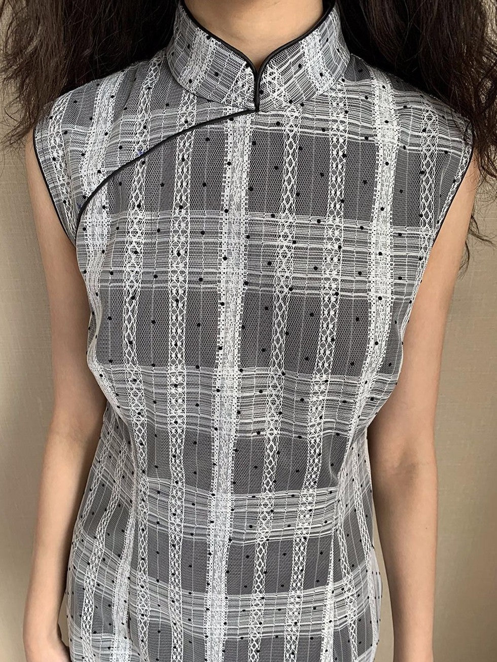 Dorydory Gray Gingham Lace Flocked Polka Dot Women&
