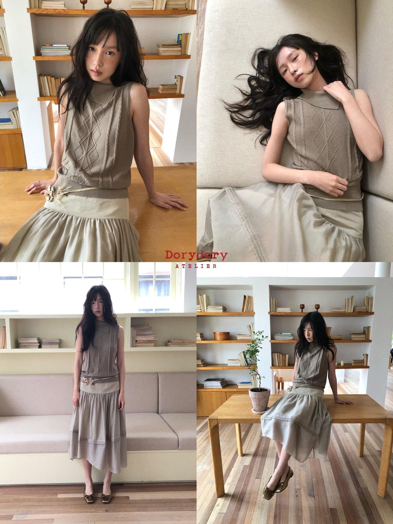 Dorydory Gray Green Openwork Knit Lapel Collar Women&