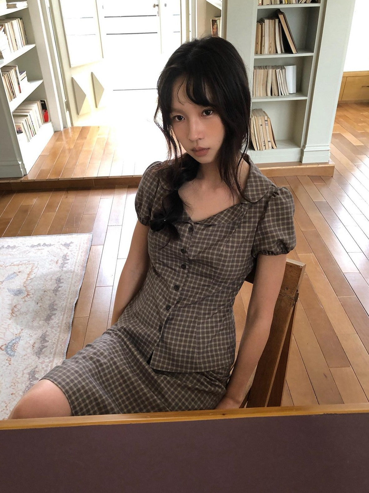 Dorydory Gray Purple Plaid Turn Down Collar Puff Sleeve Women&