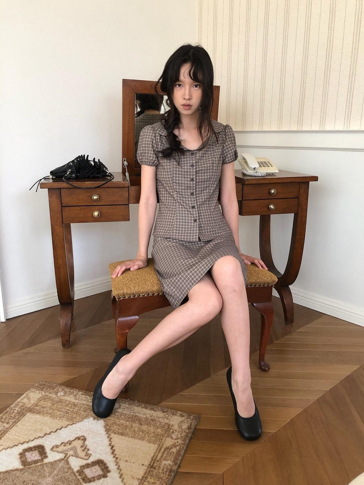 Dorydory Gray Purple Plaid Turn Down Collar Puff Sleeve Women&