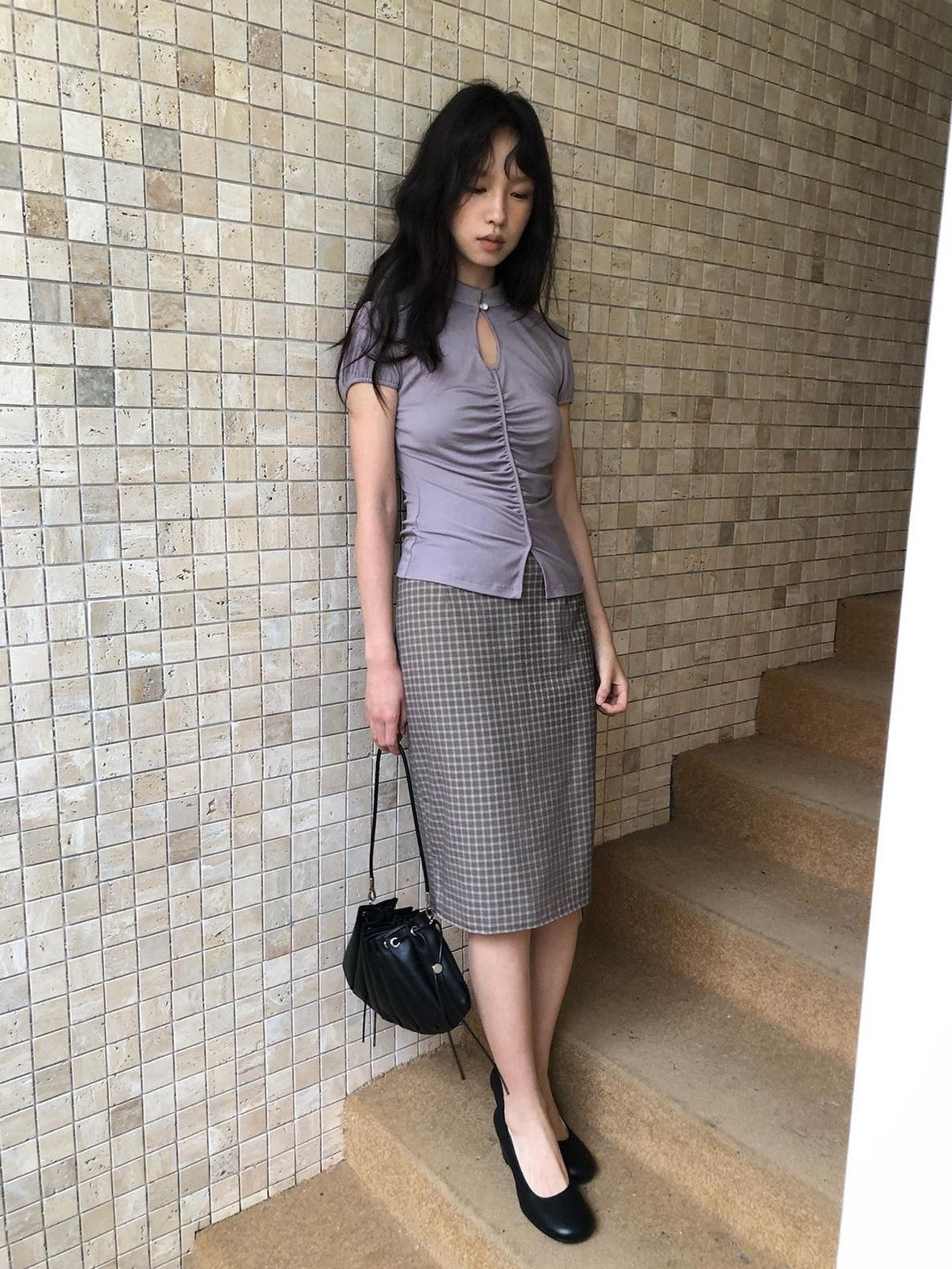Dorydory Gray Purple Plaid Vintage Pencil Women&