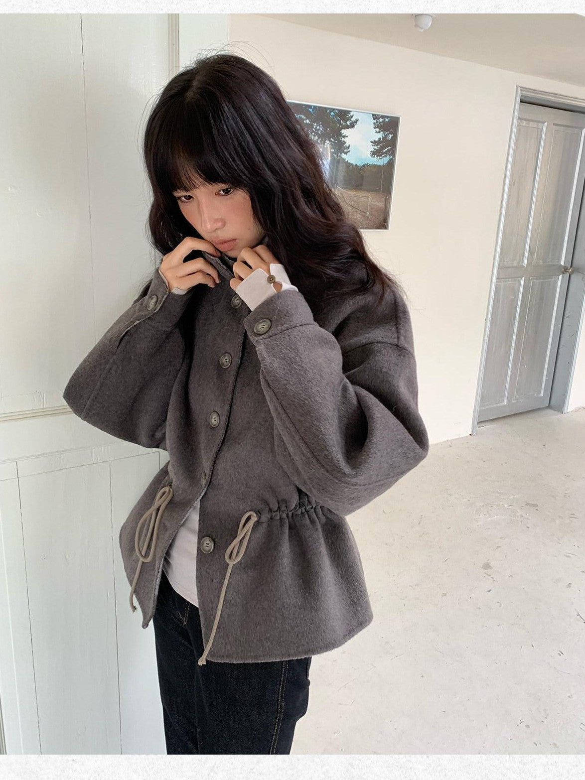 Dorydory Grey Blue Drawstring Tulip Cinched Waist Double Face Women&
